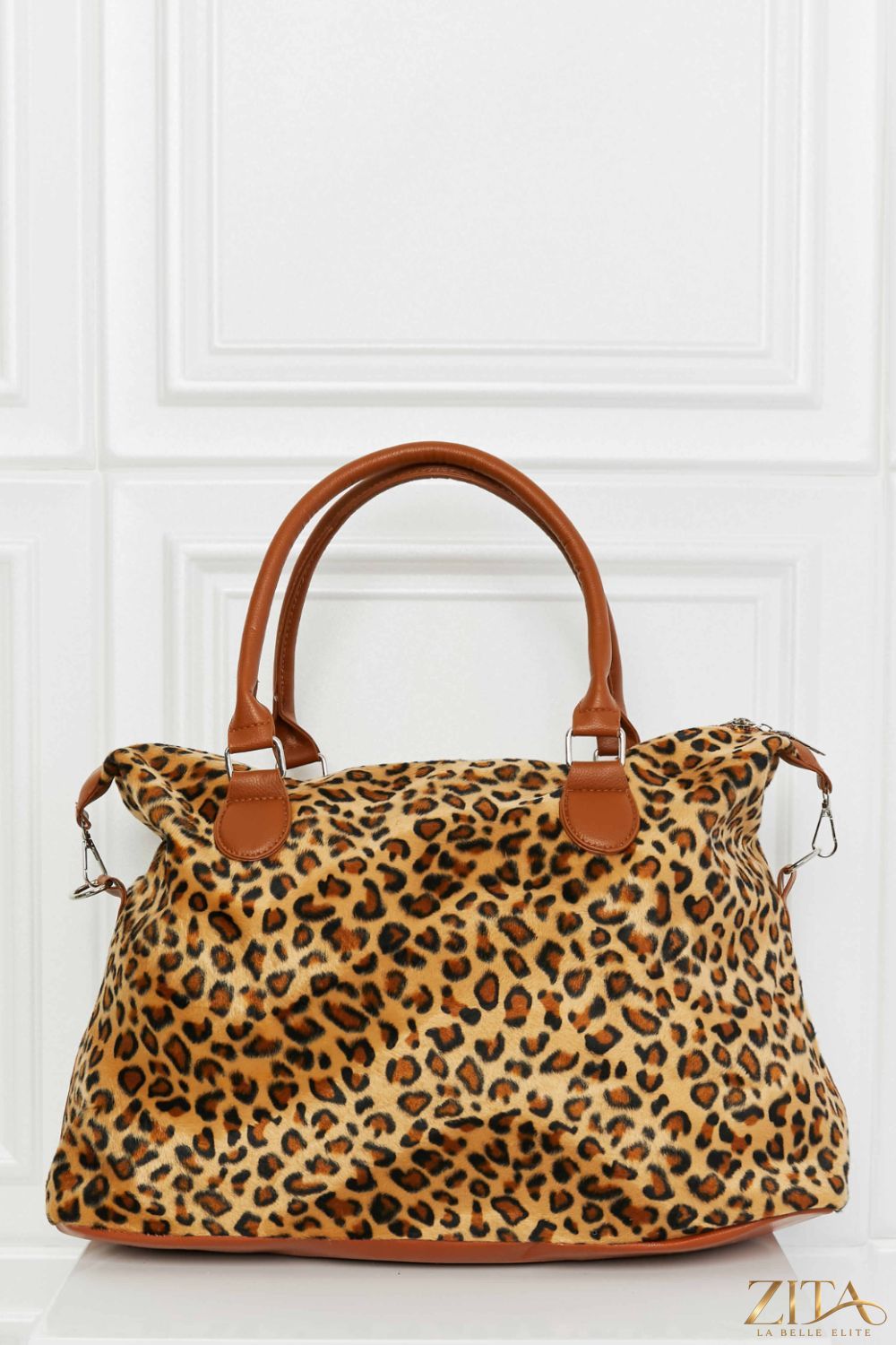 Zita La Belle Elite animal print brushed weekender bag with large handles and spacious interior for travel or weekend trips.