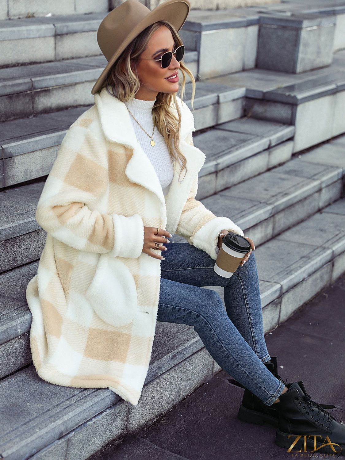 Zita La Belle Elite plaid button-down coat with pockets, featuring a classic pattern and tailored fit for stylish warmth.