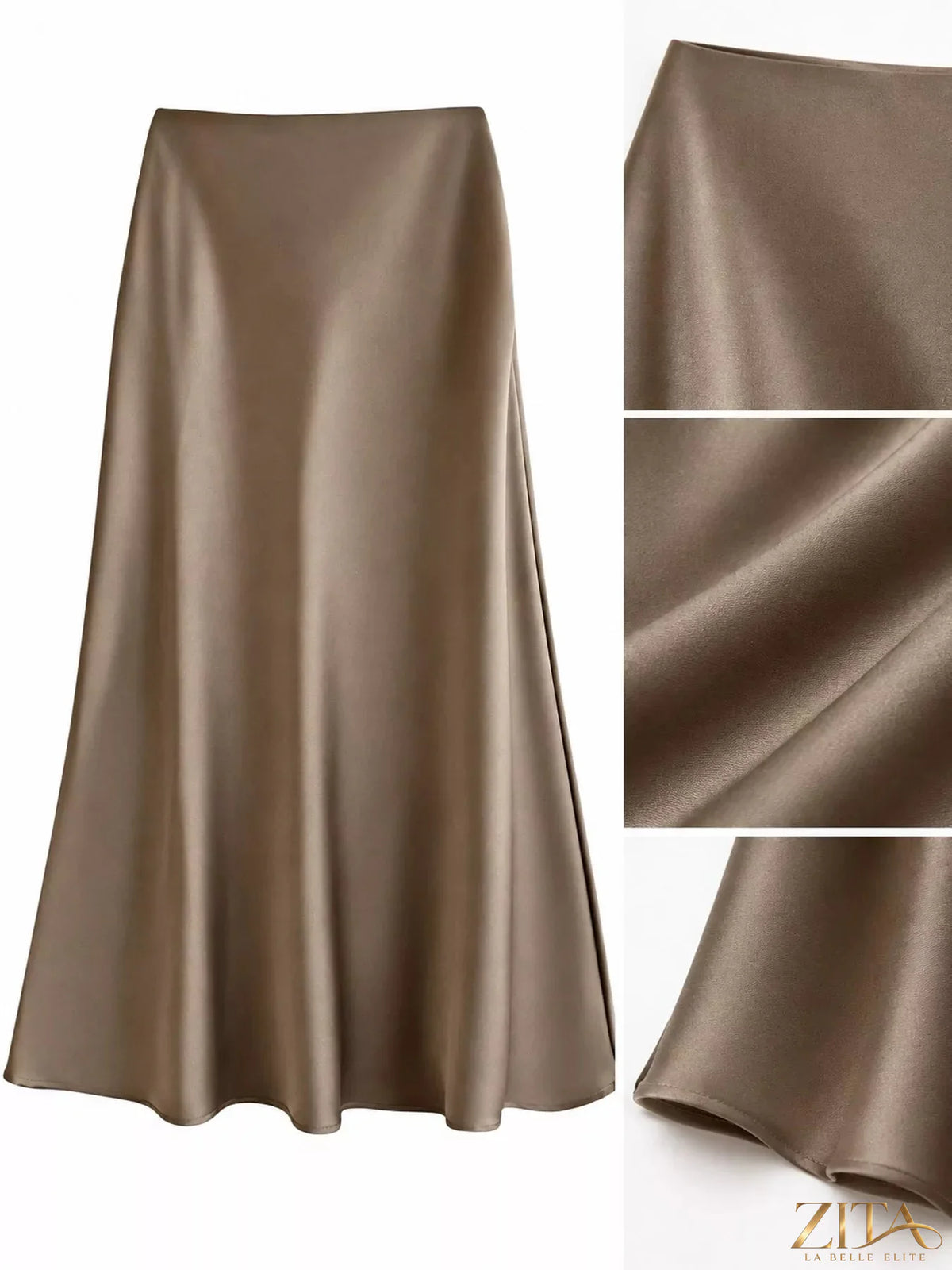 Plus size high-waisted satin midi skirt by Trendsi, showcasing smooth fabric and elegant fit in a full-length view.
