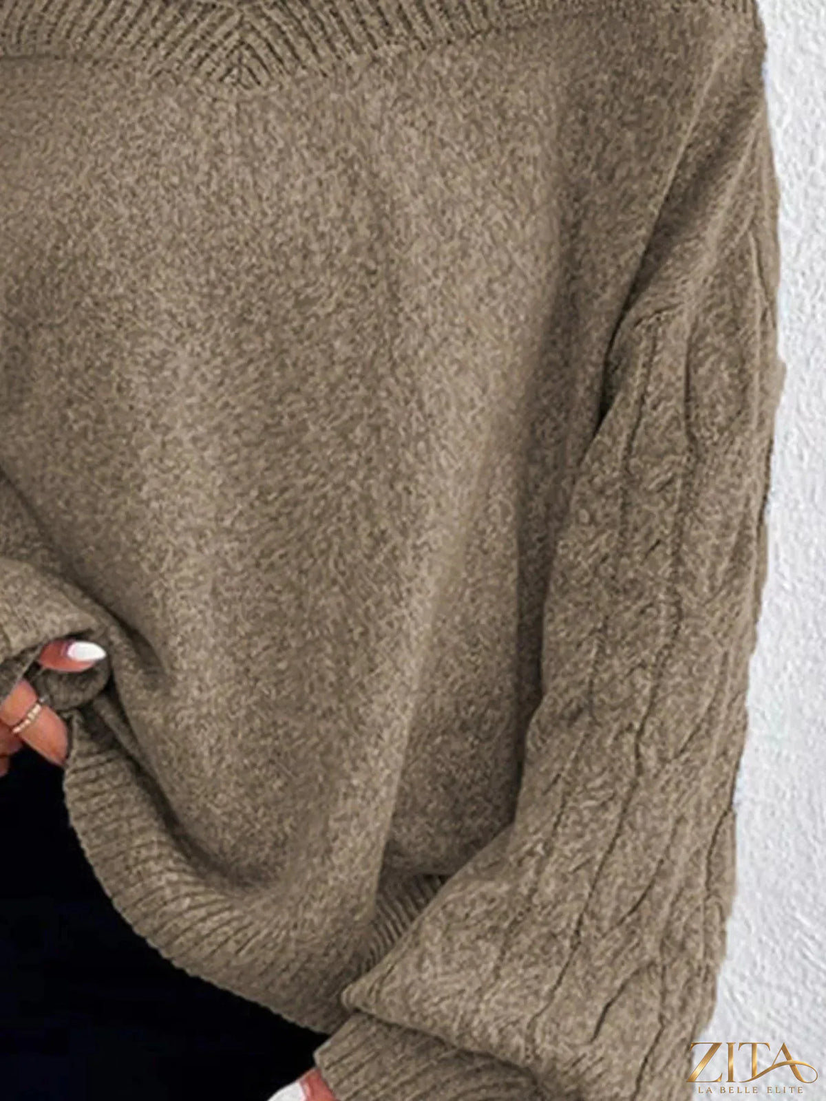 Zita La Belle Elite cold shoulder turtleneck sweater in cozy knit fabric with cut-out shoulder details, stylish and warm for fall.