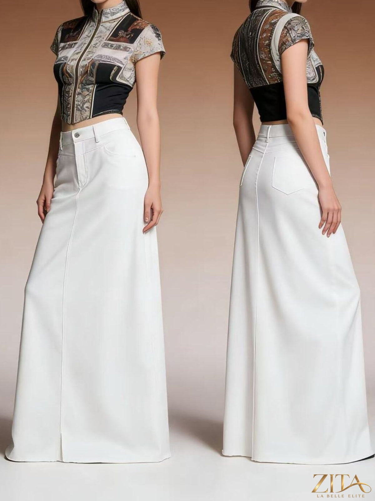Raw hem maxi denim skirt by Zita La Belle Elite featuring a flowing silhouette and distressed raw hem detail.