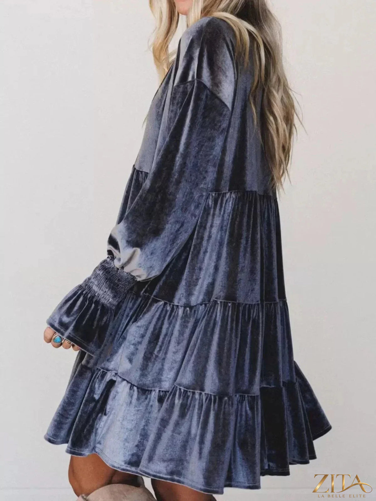Velvet tiered mini dress with balloon sleeves by Zita La Belle Elite, featuring a stylish, flowing design and elegant texture.