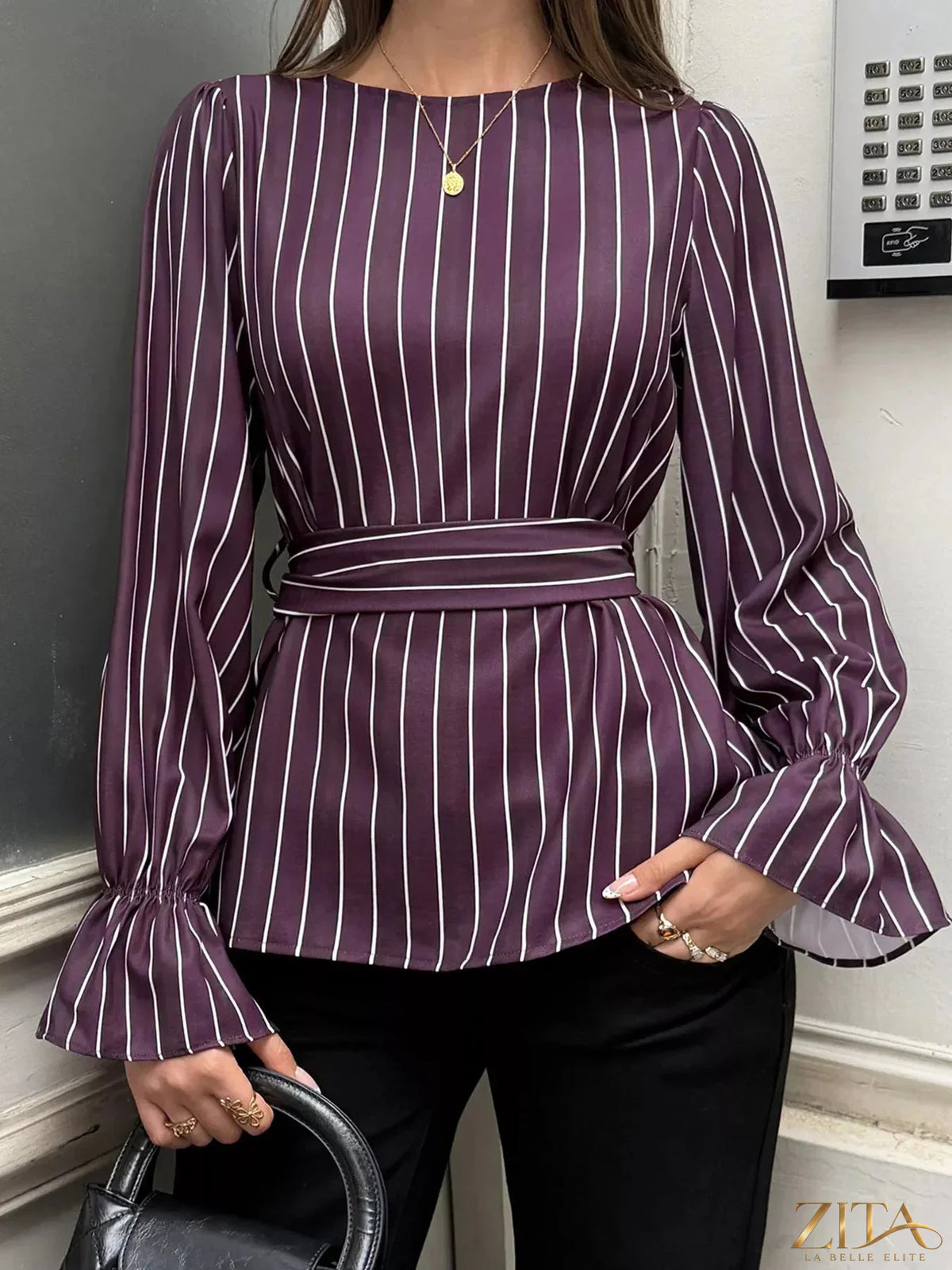 Zita La Belle Elite striped flounce sleeves blouse with ruffled accents, lightweight fabric, and feminine design.