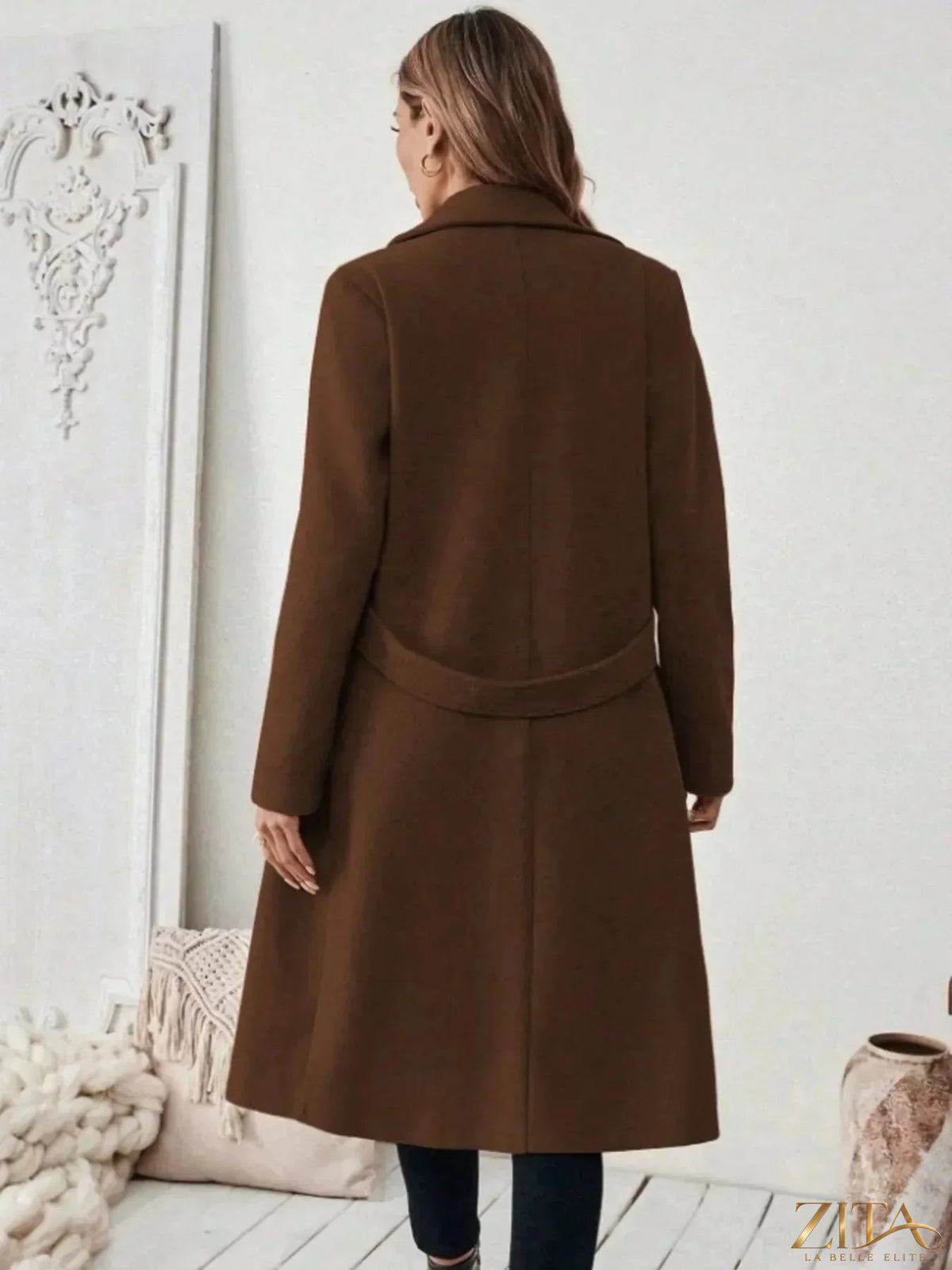 Plus size Zita La Belle Elite full-size coat with lapel collar, belted waist, and pockets, styled for elegant winter wear.