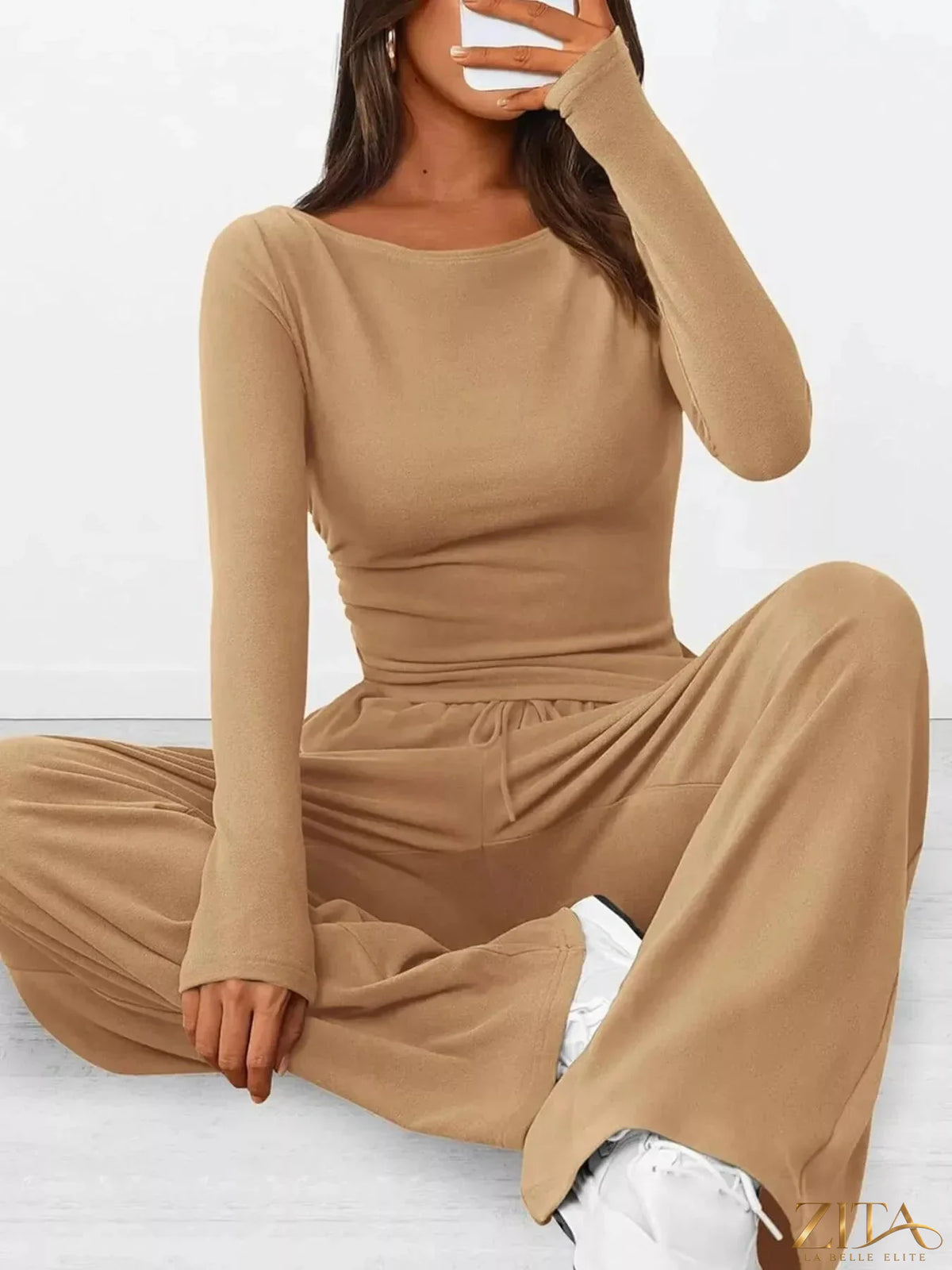 Zita La Belle Elite long sleeve top and wide leg pants set in soft fabric, featuring a stylish, comfortable casual outfit.