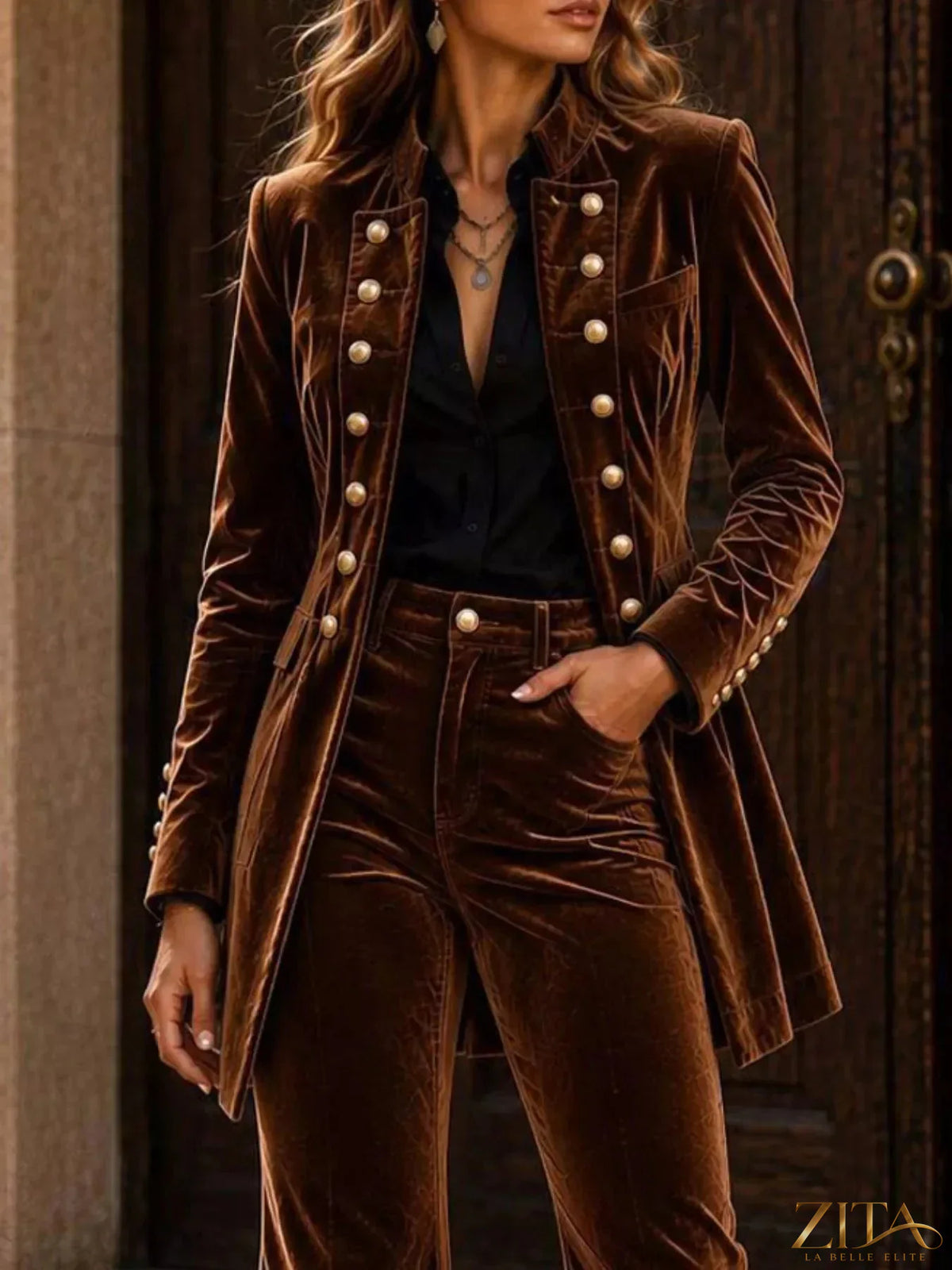 Zita La Belle Elite velvet double-breasted blazer with matching flare pants, tailored elegant women's suit set on a white background.