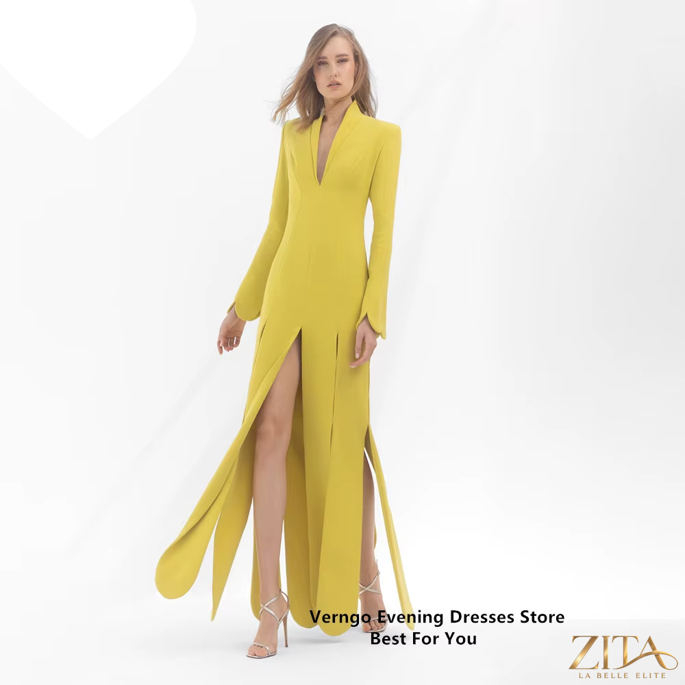 Yellow satin long sleeve formal gown with V-neck and split A-line design by Zita La Belle Elite