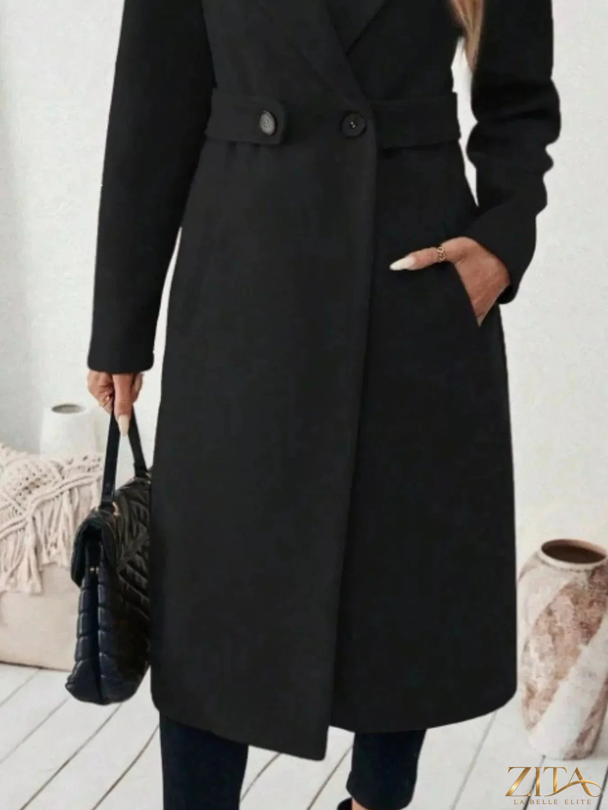 Plus size Zita La Belle Elite coat with lapel collar, belted waist, and pockets, featuring an elegant full-size design.