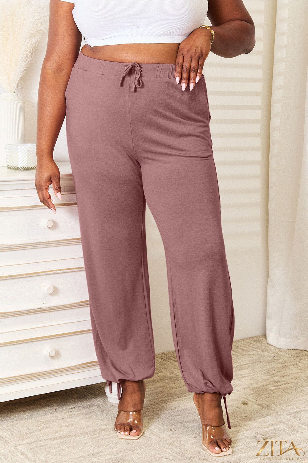 Zita La Belle Elite Basic Bae full-size soft rayon drawstring waist pants with pockets, casual and comfortable for everyday wear