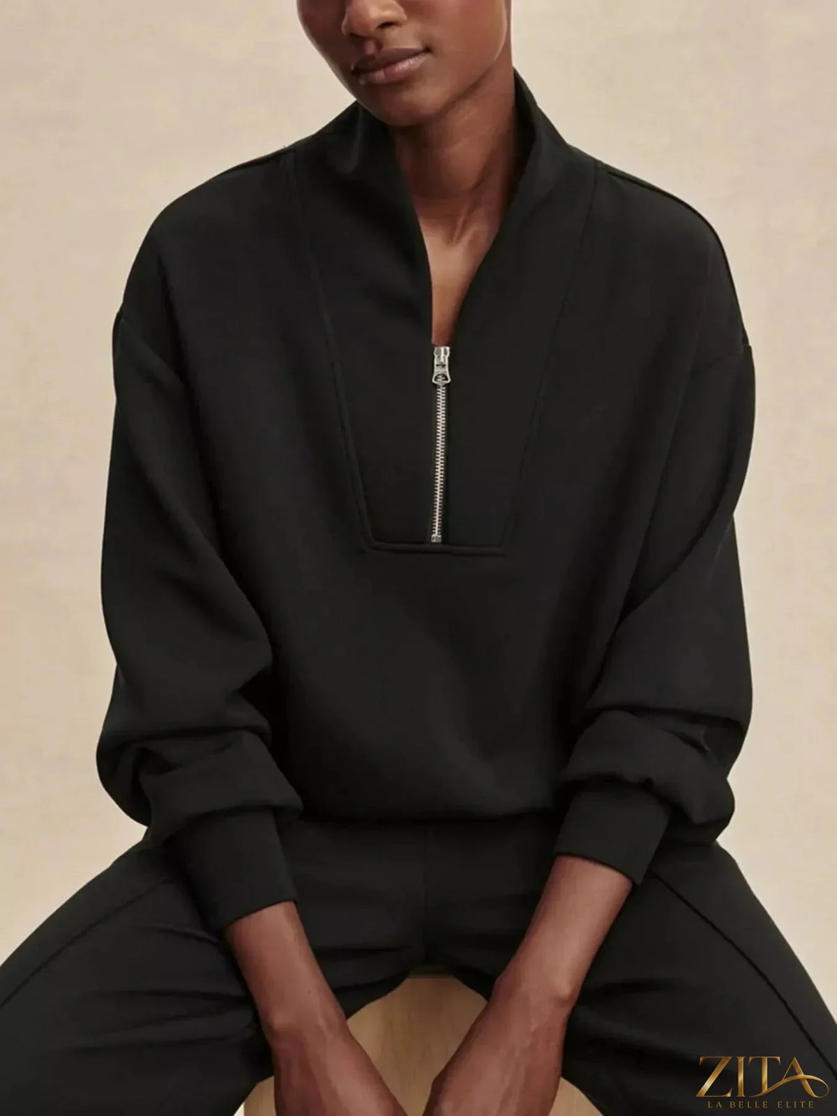 Zita La Belle Elite quarter-zip sweatshirt and wide-leg pants set, featuring a stylish casual look in soft fabric.