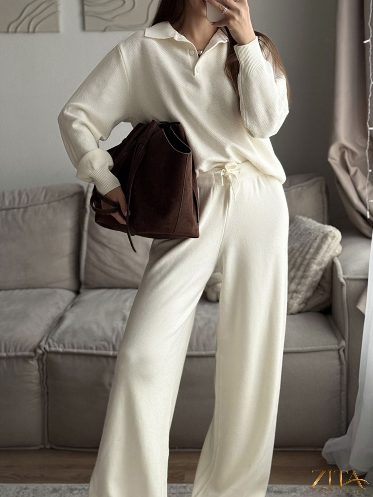 Zita La Belle Elite knit set featuring a polo collar top with matching pants or skirt, stylish and comfortable for casual wear.