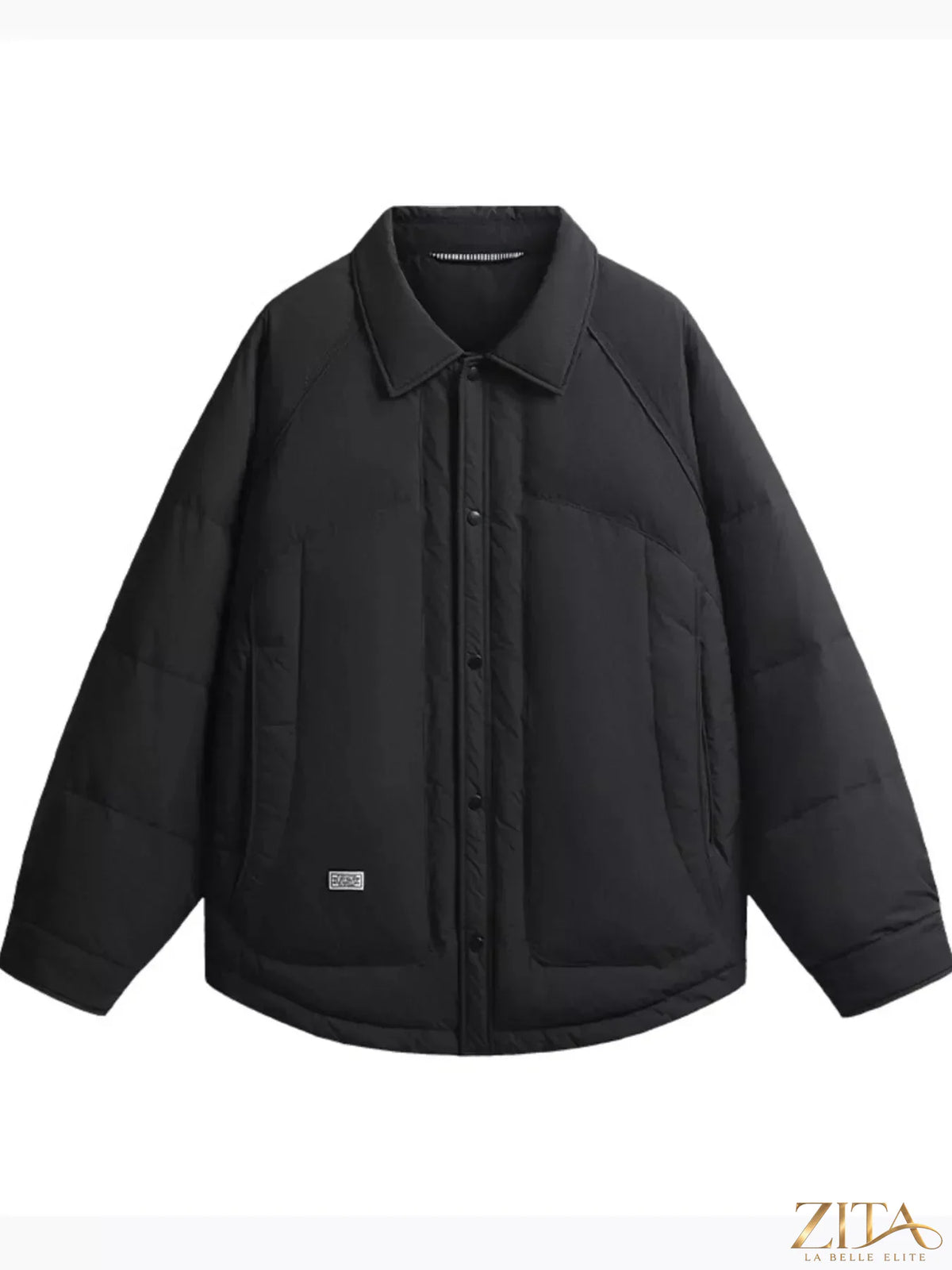 Men’s plus size lightweight padded snap-down jacket by Zita La Belle Elite, shown in navy with front snap closures and padded design.
