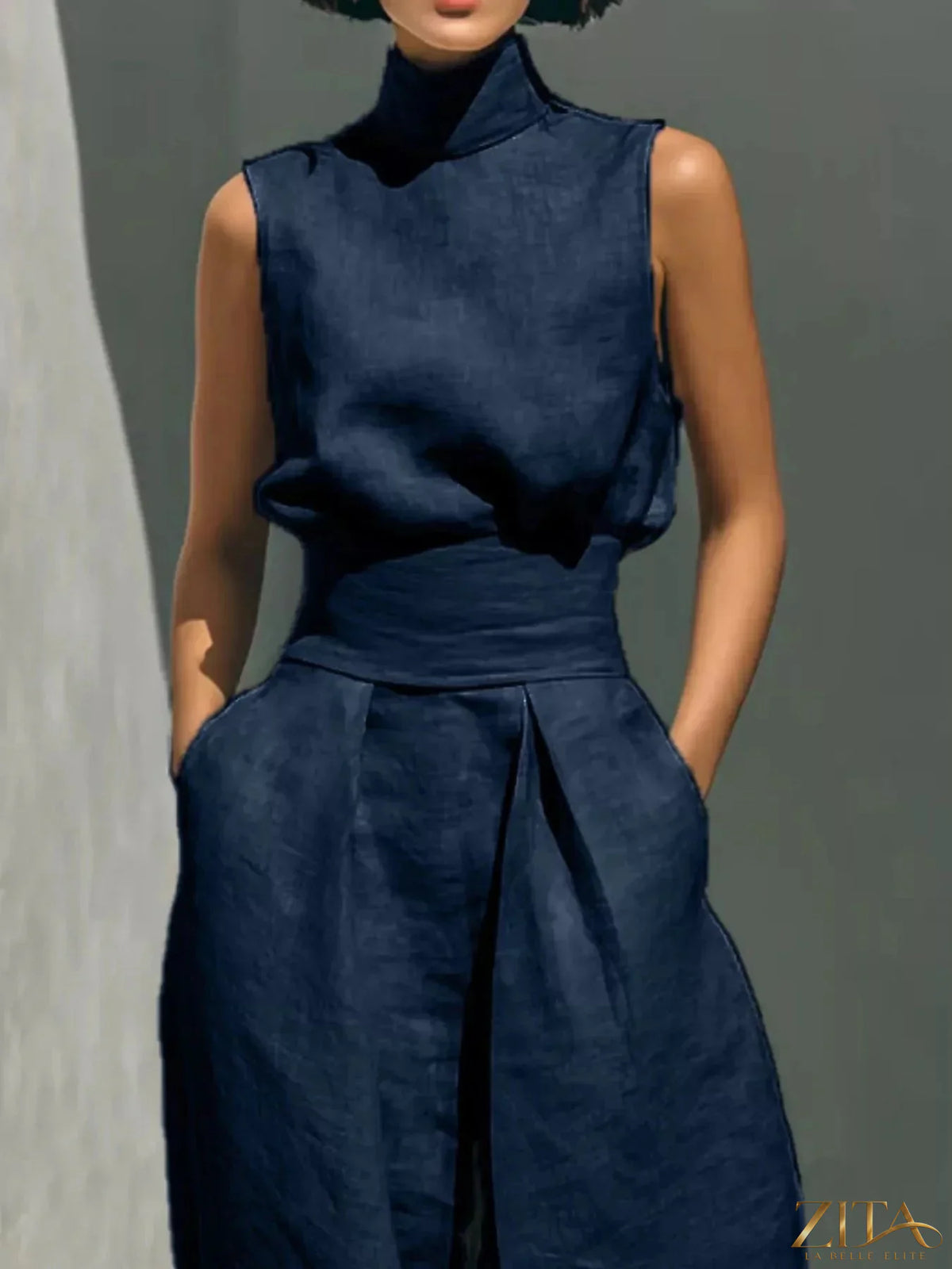 Plus size Zita La Belle Elite sleeveless turtleneck top and wide-leg pants set, shown in a full size, stylish and comfortable.