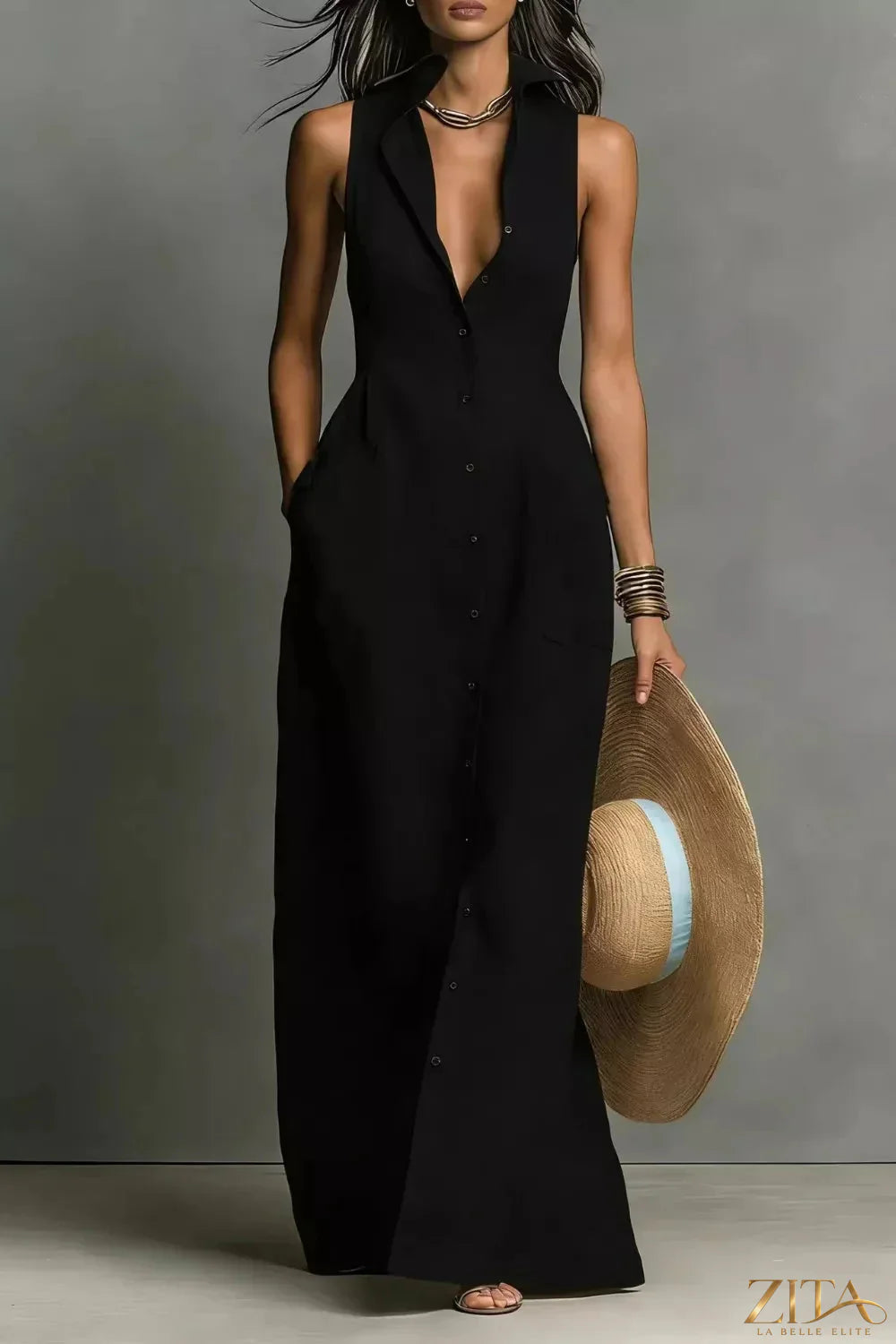 Zita La Belle Elite sleeveless button-down maxi dress with a flowing silhouette and lightweight fabric, perfect for summer wear.