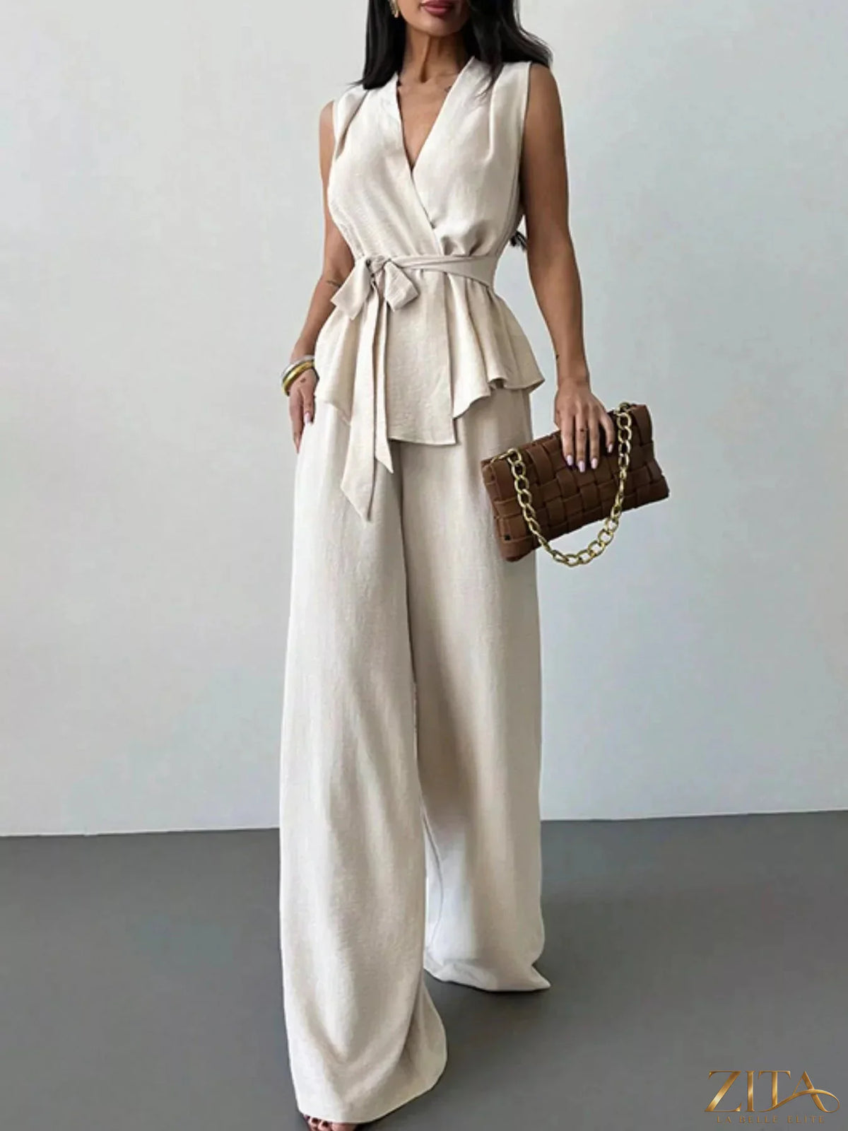 Zita La Belle Elite sleeveless top and wide-leg pants set, stylish and comfortable fashion outfit, modeled in neutral indoor setting.