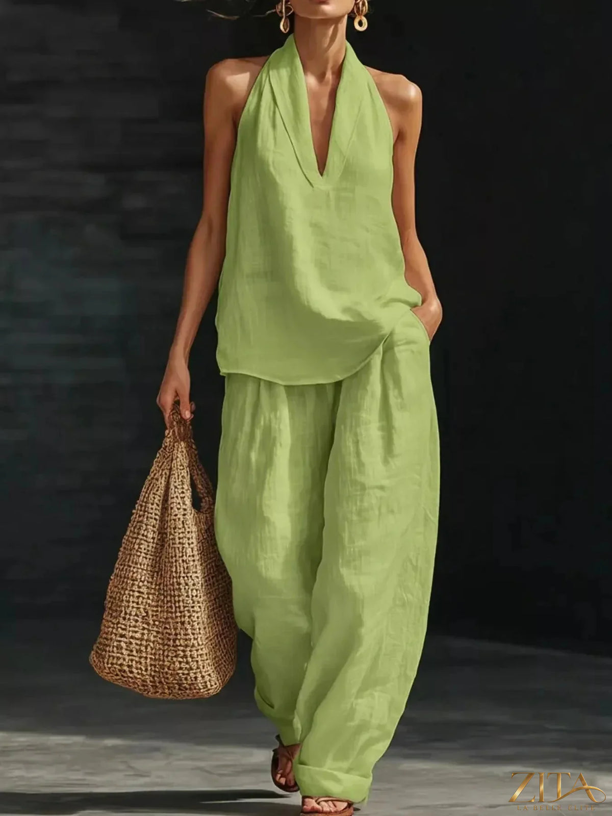 Plus size Zita La Belle Elite halter neck top with wide-leg pants set, featuring a stylish and comfortable casual outfit.
