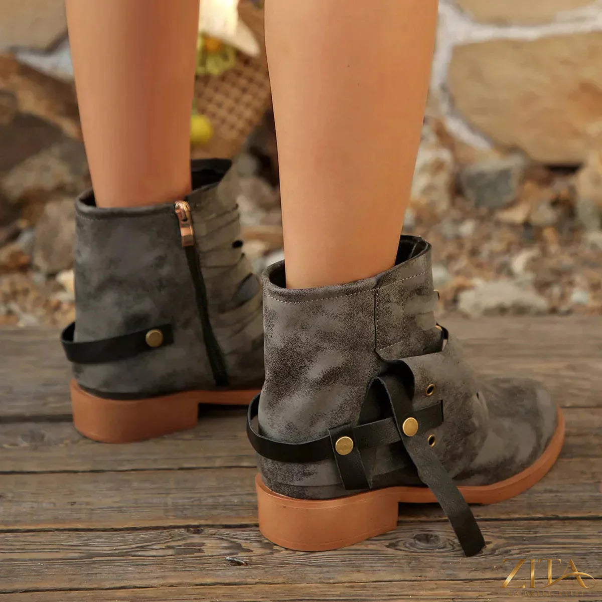 Zita La Belle Elite strappy buckle ankle boots with chunky heel and ankle strap, stylish footwear for casual or dressy outfits.
