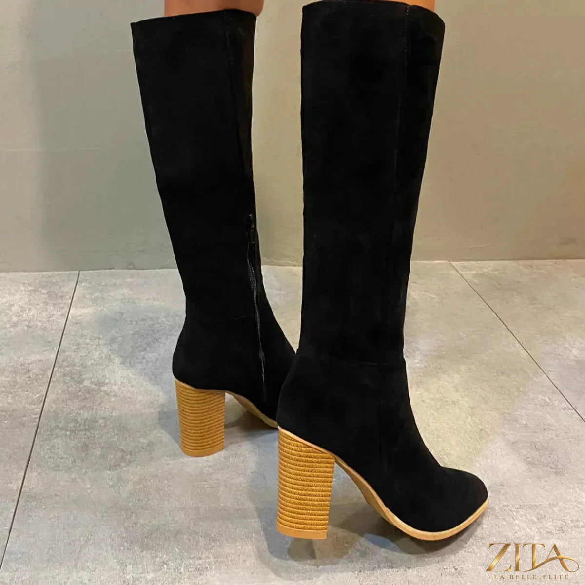 Zita La Belle Elite point toe block heel boots with sleek black leather and stylish ankle height.