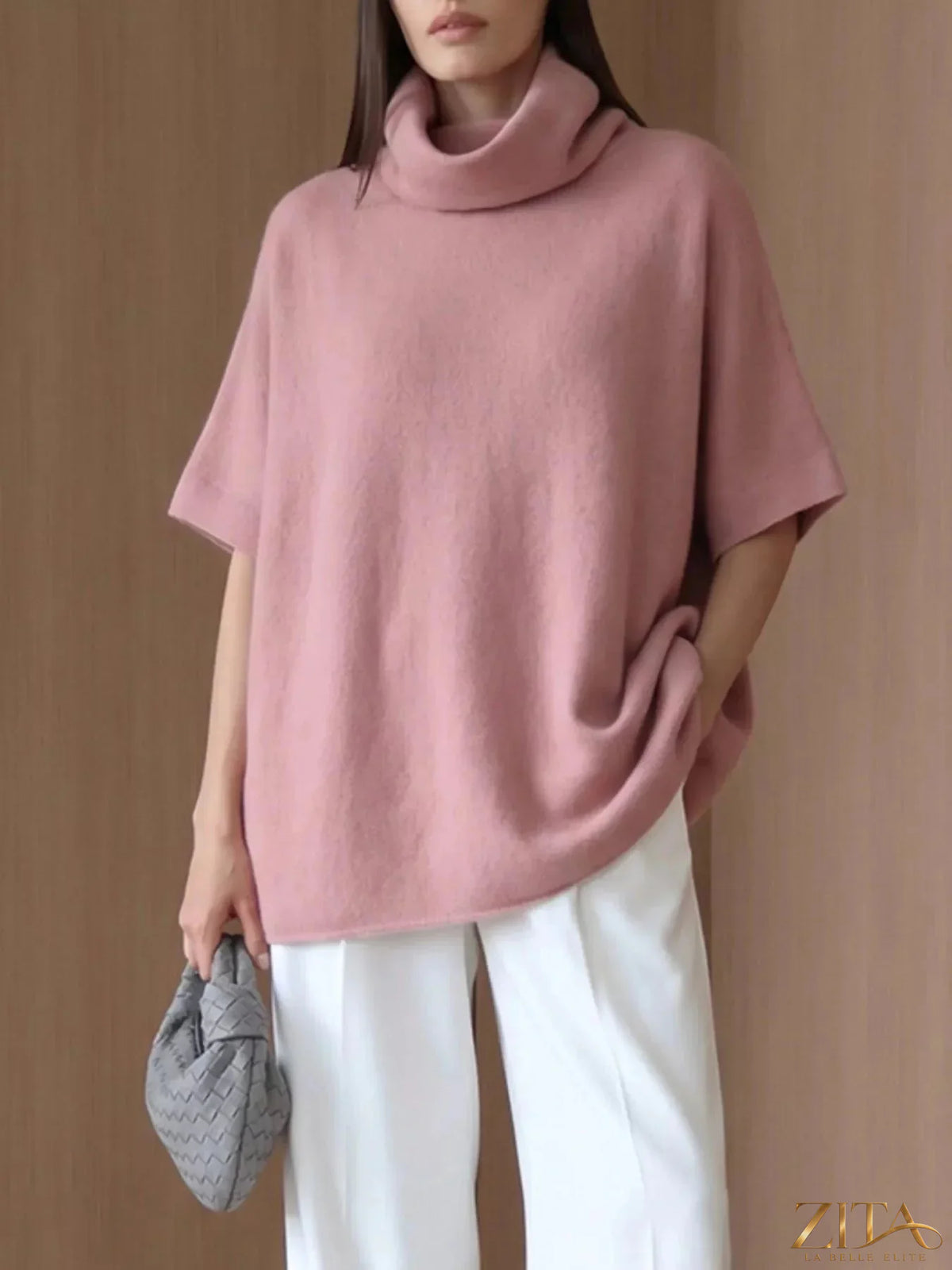 Zita La Belle Elite fuzzy short sleeve turtleneck sweater in soft, cozy fabric with a snug turtleneck design.