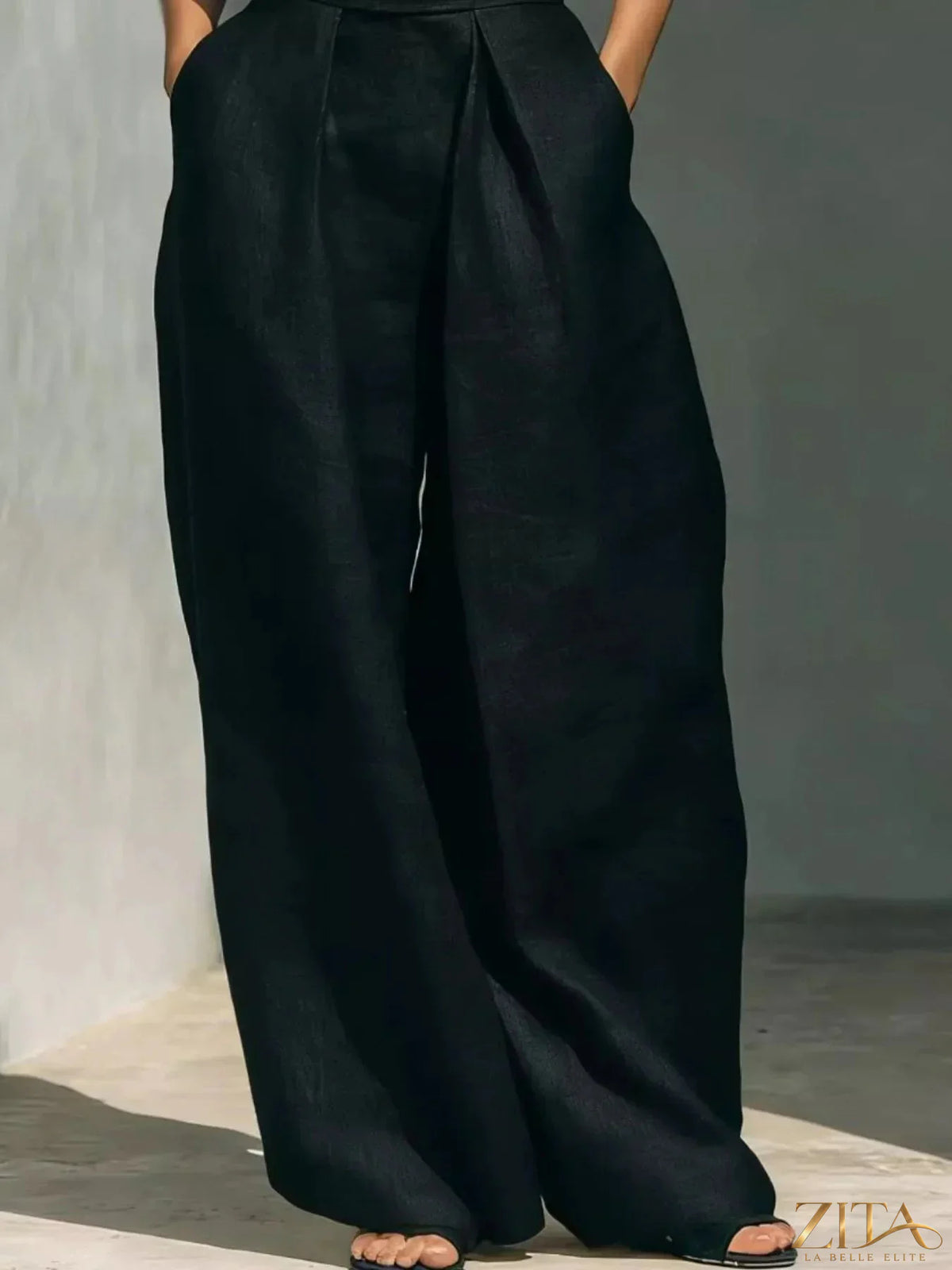 Plus size Zita La Belle Elite sleeveless turtleneck top and wide-leg pants set, full-length, stylish and comfortable outfit.
