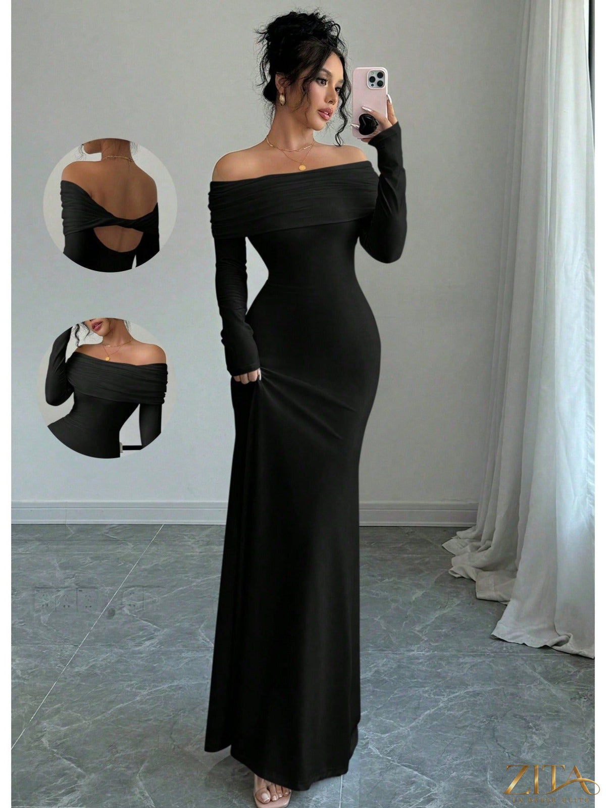 Elegant off-shoulder midi evening gown by Zita La Belle Elite, featuring a flowing silhouette and sophisticated design.