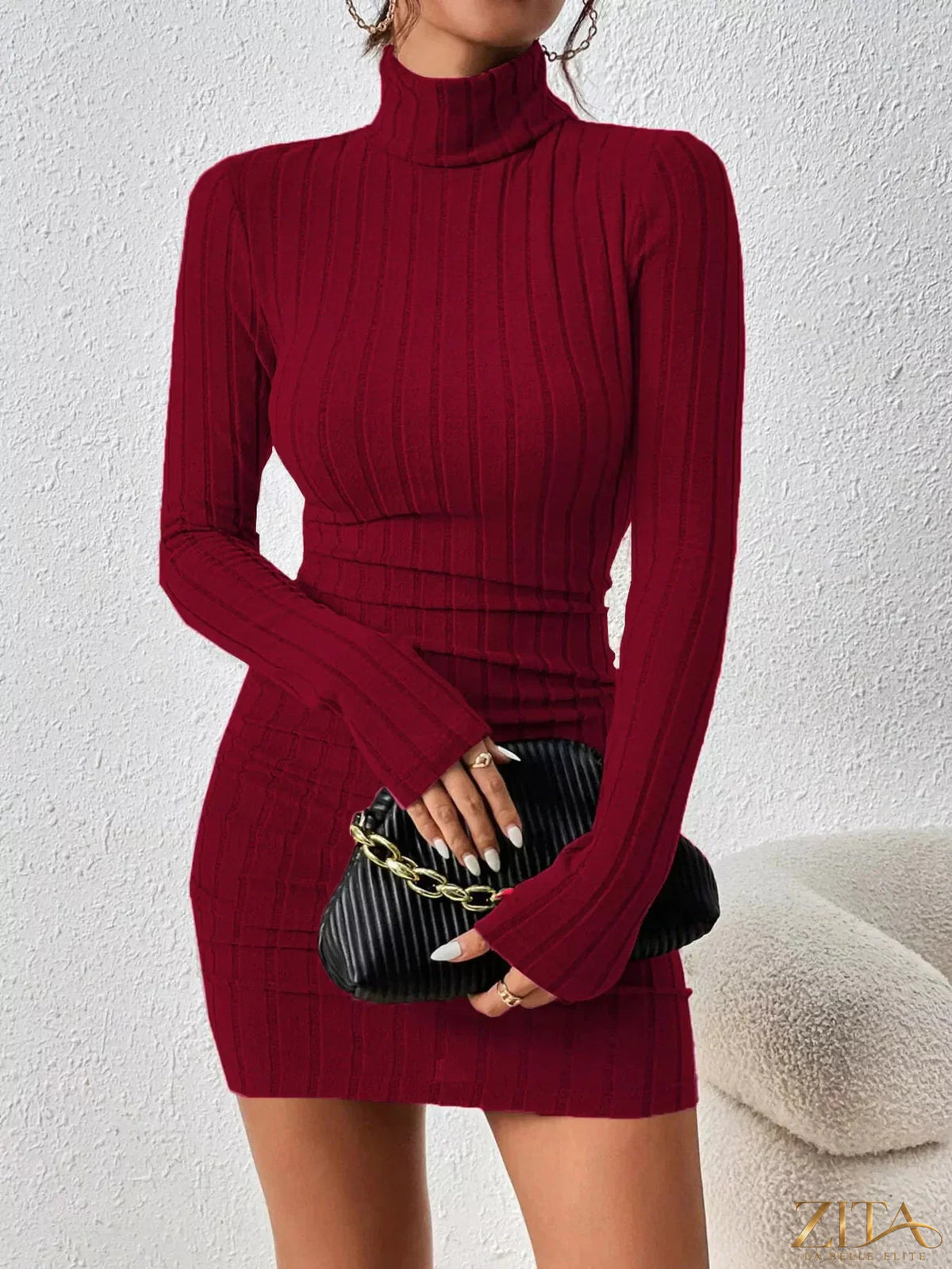 Red ribbed turtleneck bodycon knit dress from Trendsi, perfect for Christmas outfits, featuring a fitted silhouette and cozy knit fabric.