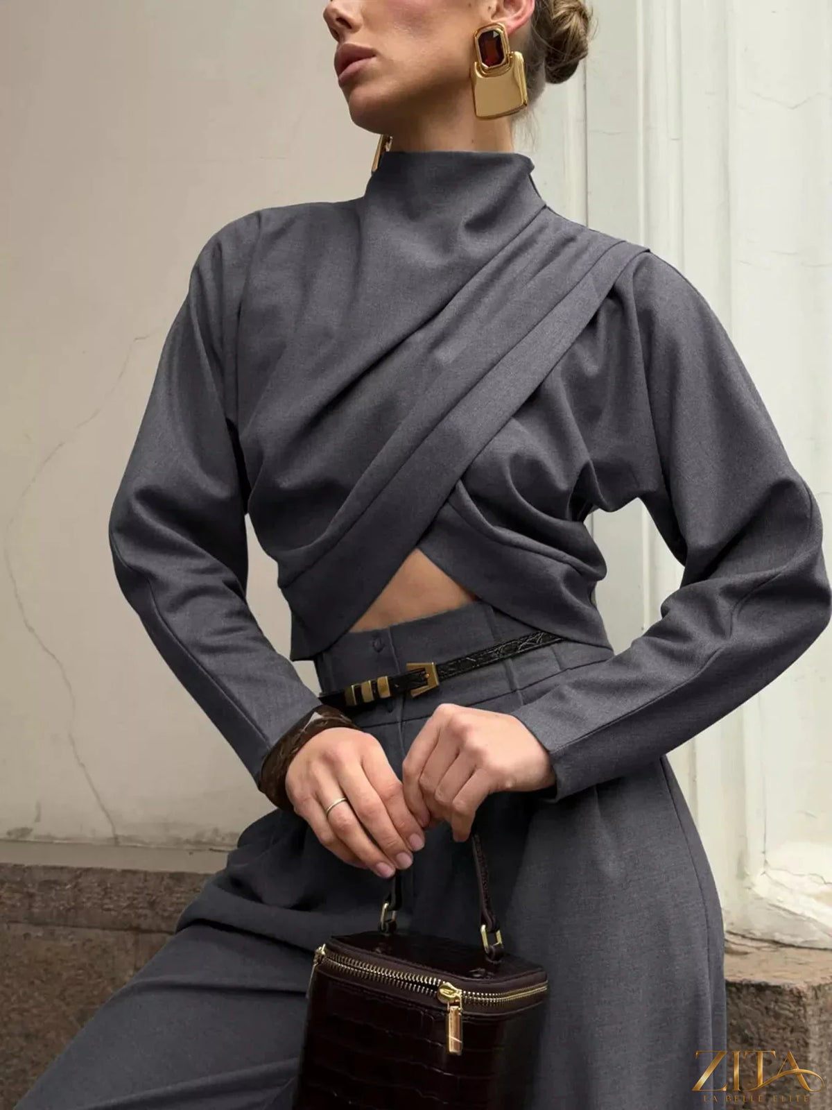 Zita La Belle Elite draped crop top and wide-leg pants set, stylish and comfortable outfit with flowing fabric, black color, and modern design.