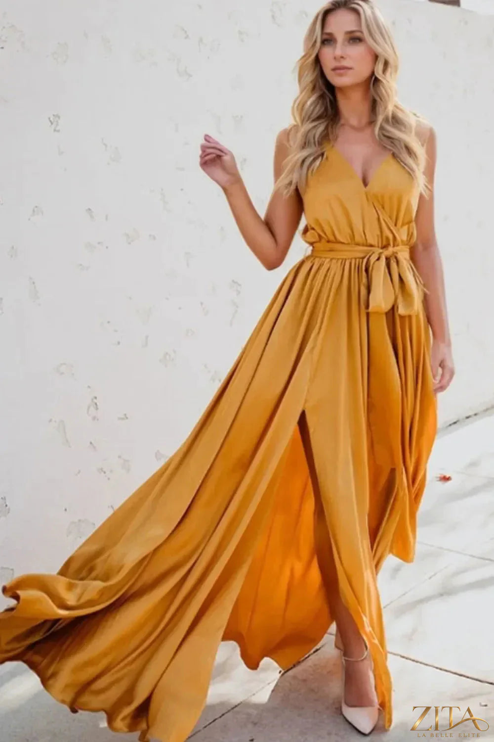 Zita La Belle Elite surplice tie waist maxi dress in flowing fabric, featuring a flattering V-neck and elegant silhouette.