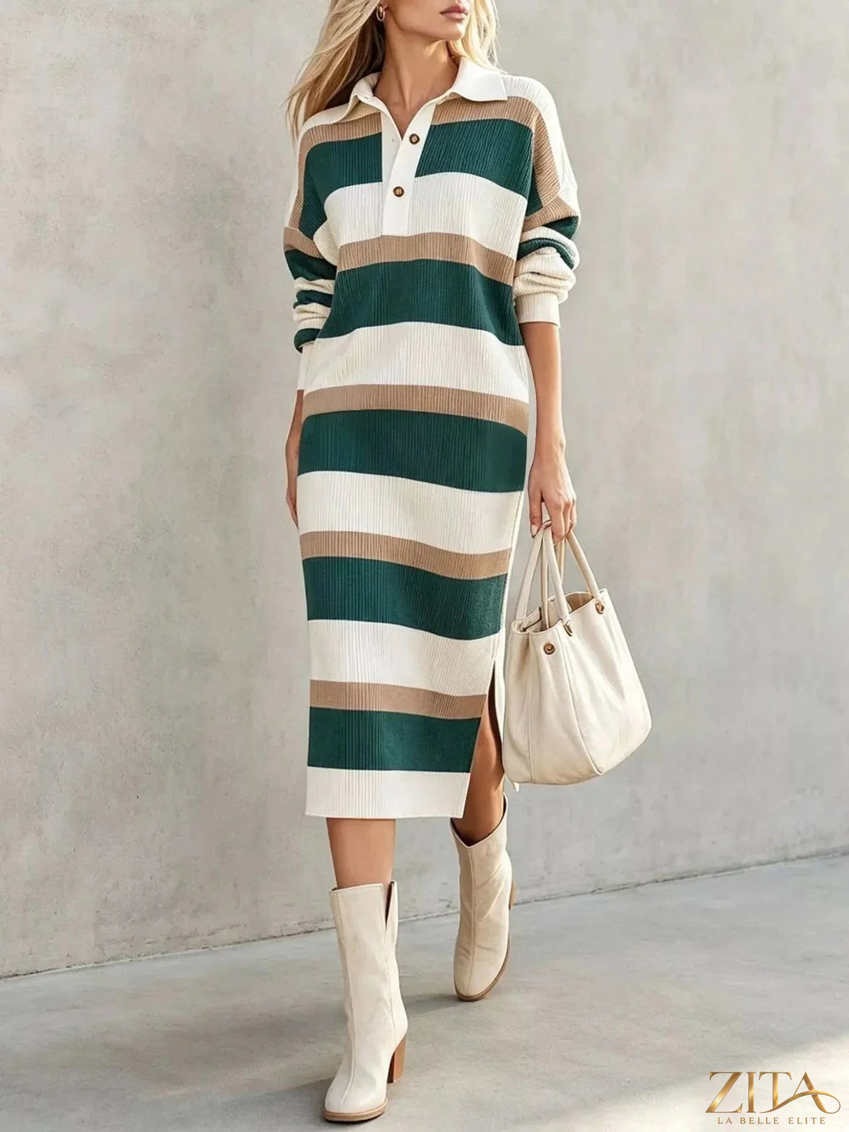 Zita La Belle Elite striped polo collar long sleeve sweater dress with a fitted silhouette and ribbed cuffs.