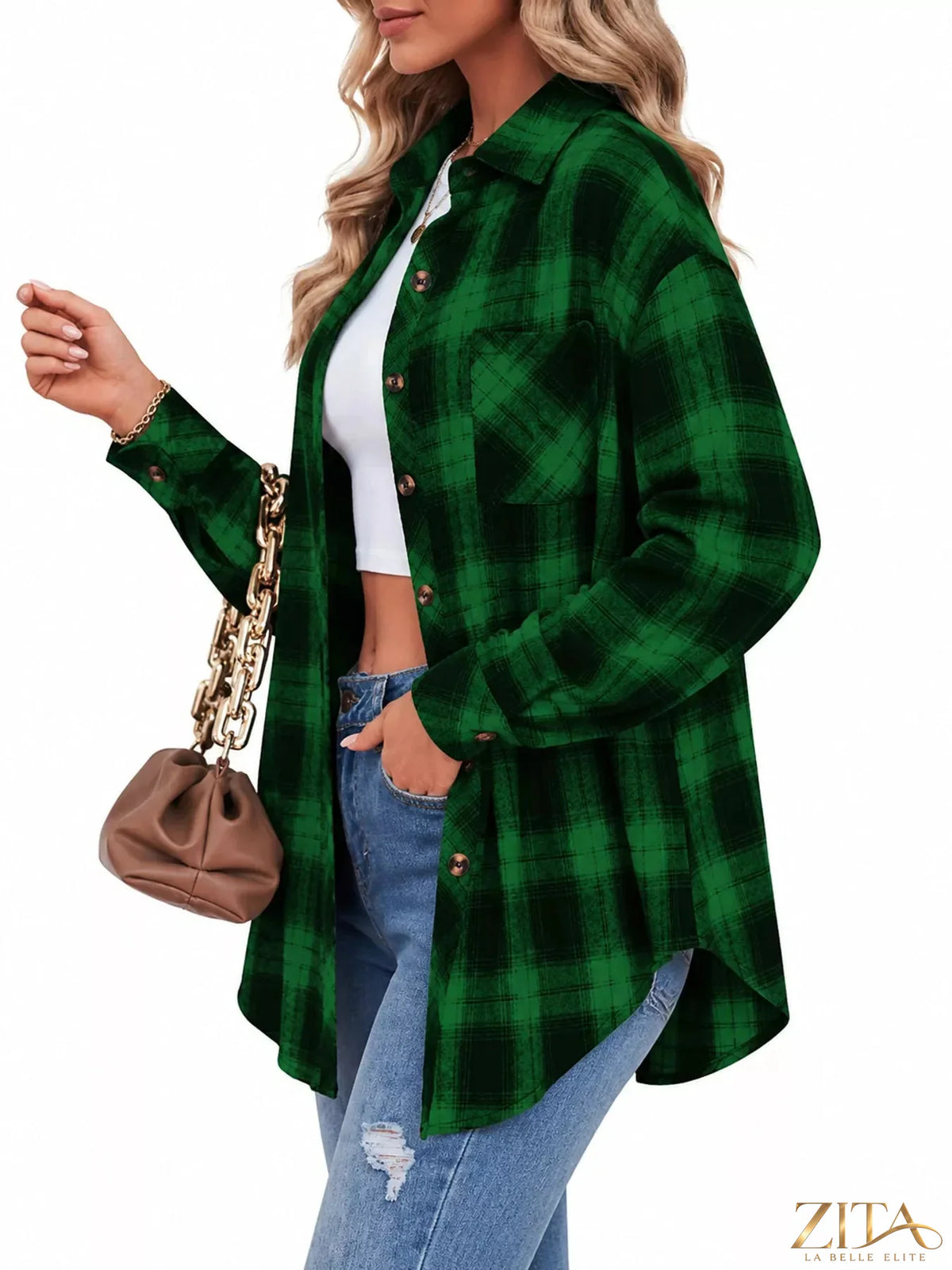 Zita La Belle Elite plaid oversized button-down shirt with front chest pocket and rolled-up sleeves, casual fashion style.