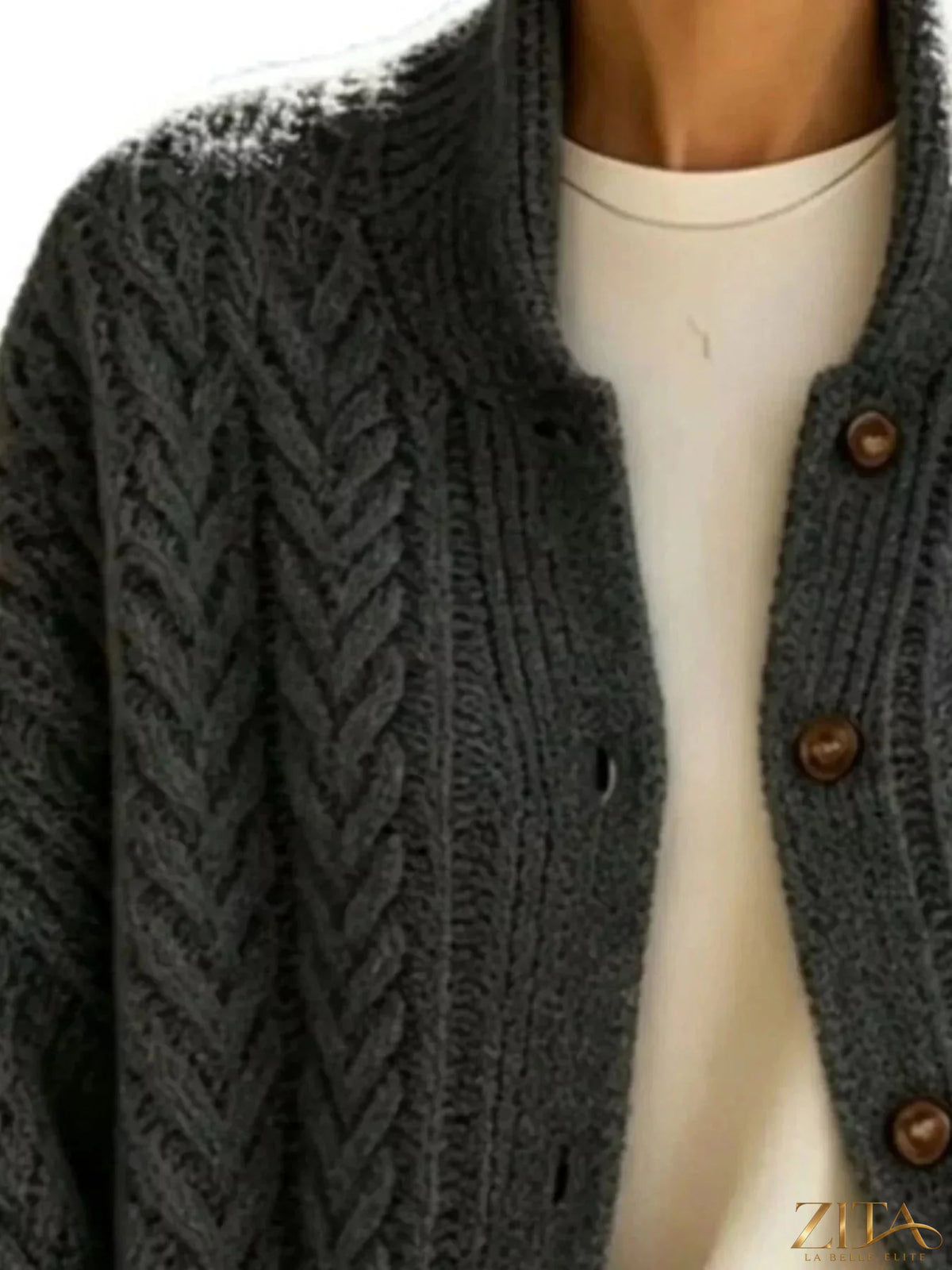 Plus size Zita La Belle Elite cable-knit button-down cardigan, full size, featuring a cozy, textured knit pattern and front buttons.