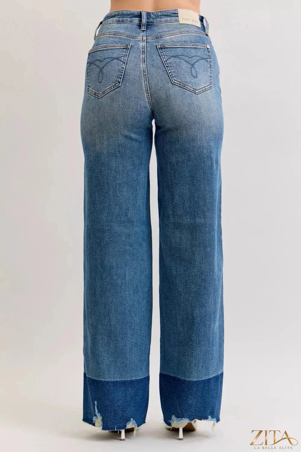 Zita La Belle Elite Judy Blue raw hem high waist straight jeans displayed on a model, showcasing the classic denim fit and distressed details.