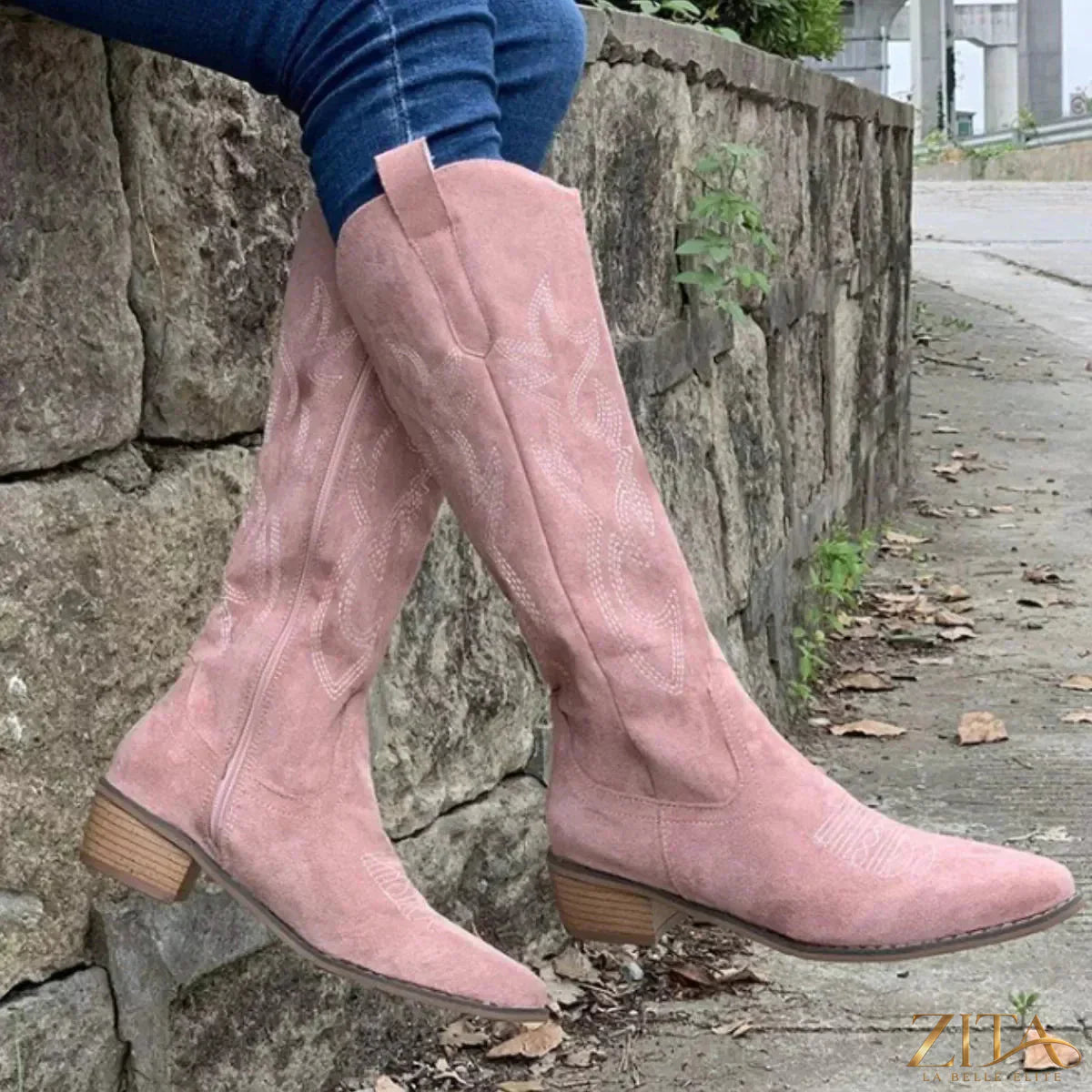 Zita La Belle Elite point toe block heel boots in black leather with sleek design and sturdy heel, stylish for various outfits.