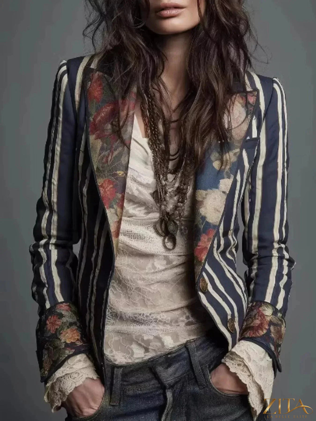 Zita La Belle Elite striped floral contrast slim fit blazer featuring a tailored design and vibrant pattern, perfect for stylish outfits.