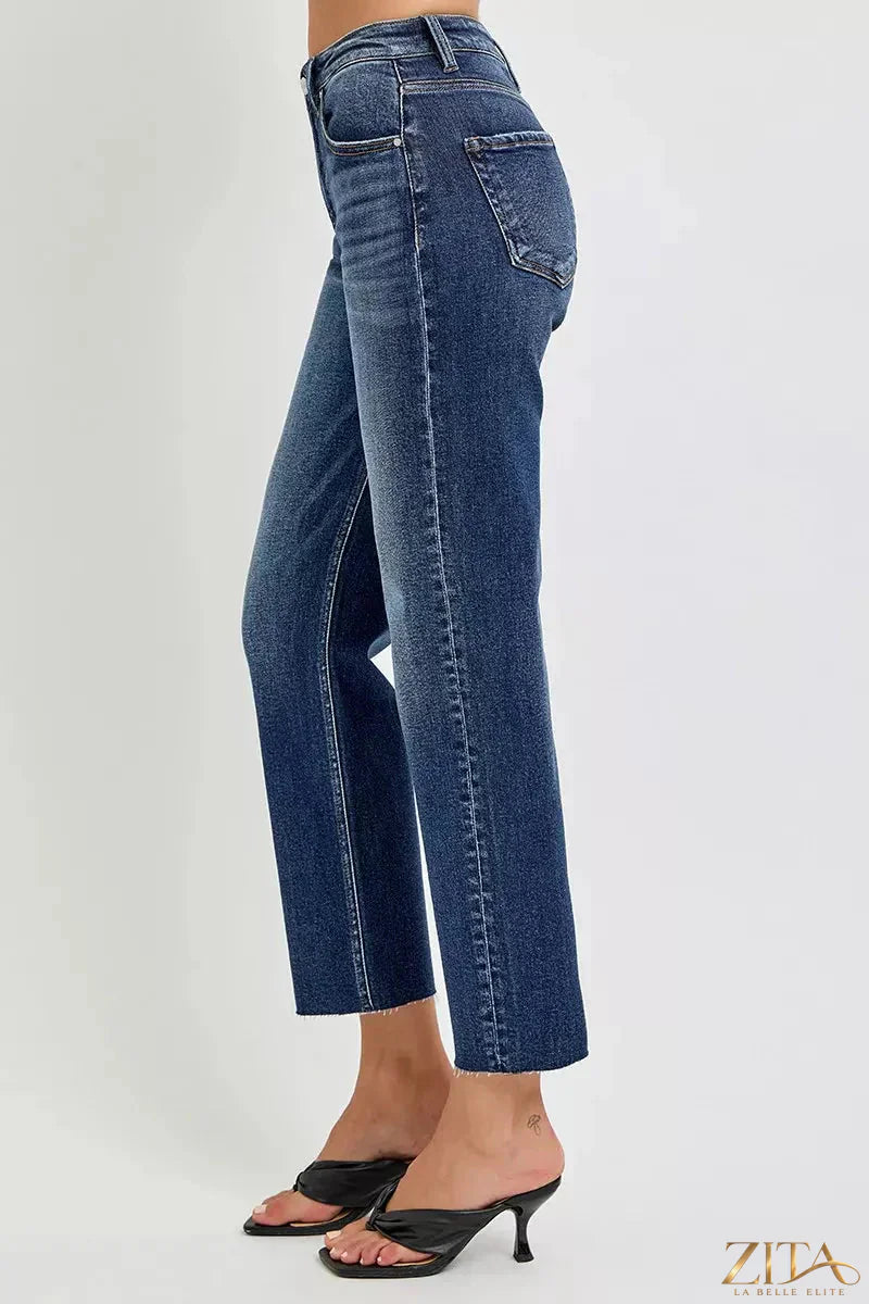 Zita La Belle Elite RISEN high-rise slim barrel jeans in dark wash denim, showing front view with classic five-pocket design.