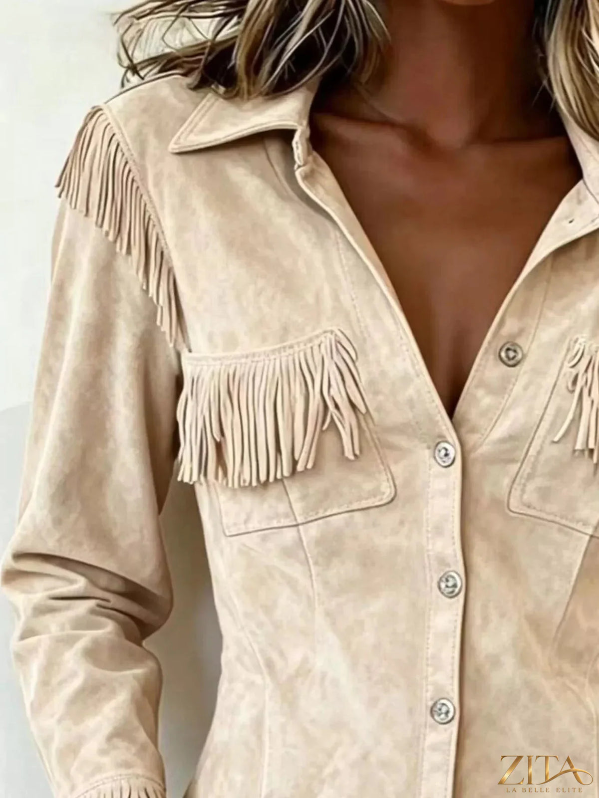 Plus size fringed snap-down jacket by Trendsi, featuring a full-size design with fringed details and a stylish snap front.