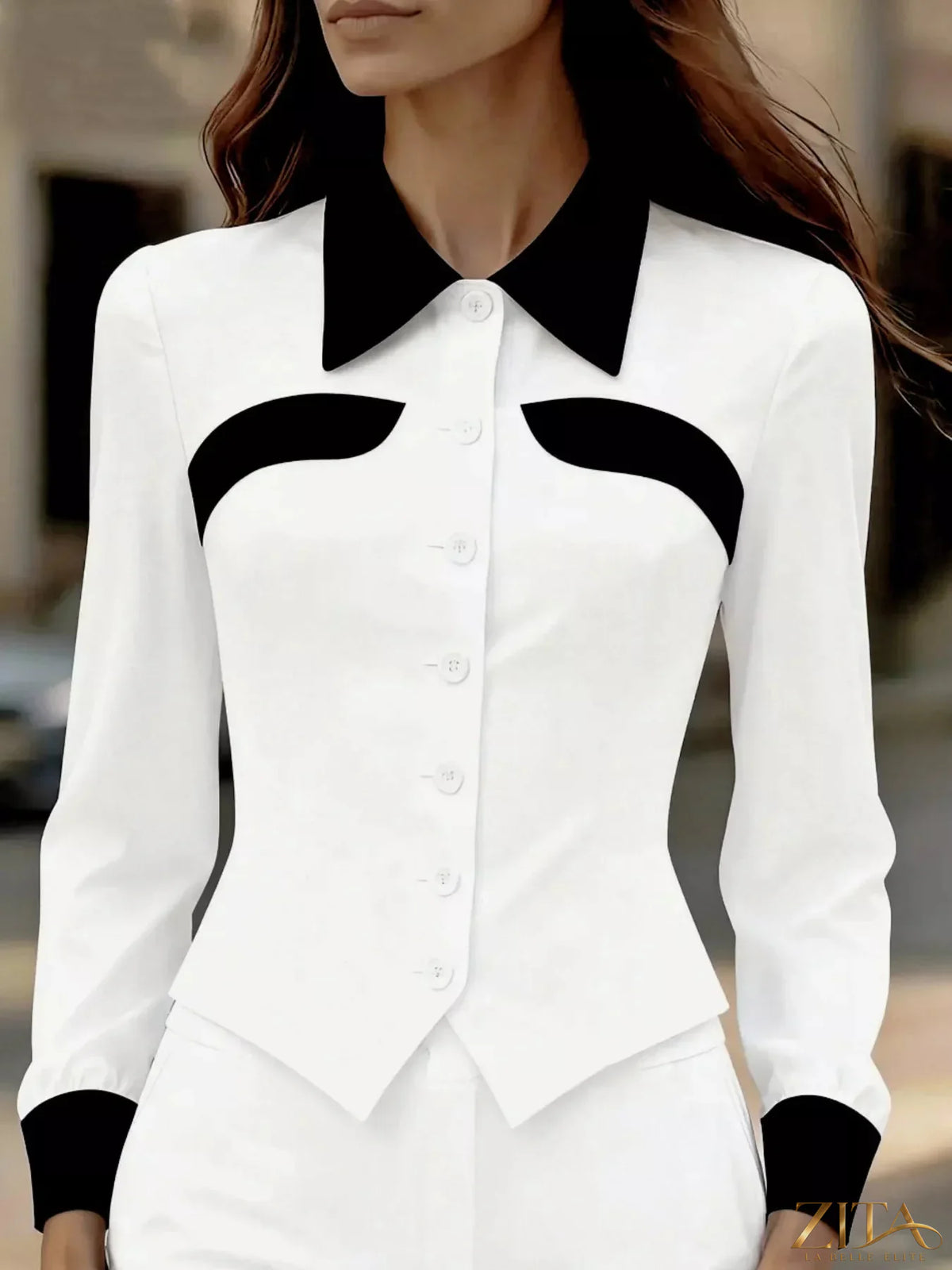 Zita La Belle Elite contrast button-down shirt with a stylish collar and long sleeves, displayed on a neutral background.