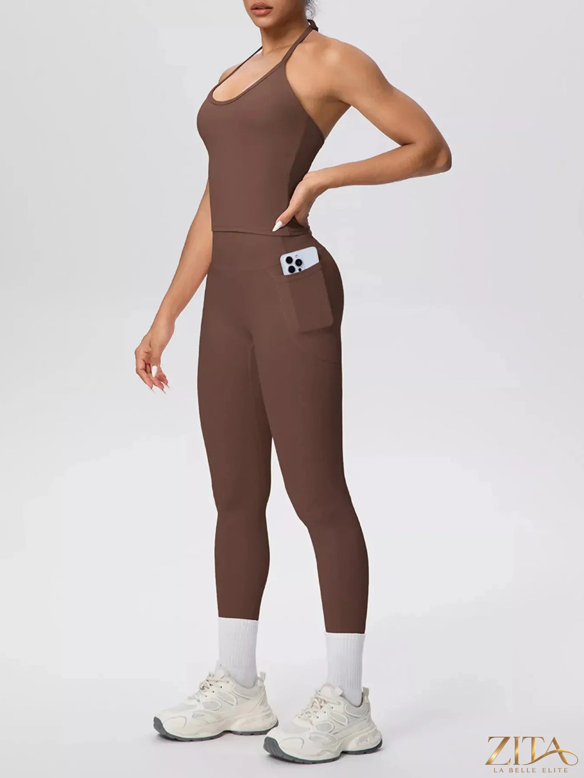 Zita La Belle Elite halter neck cami and high-waisted leggings active set, black sportswear for workout or active wear.
