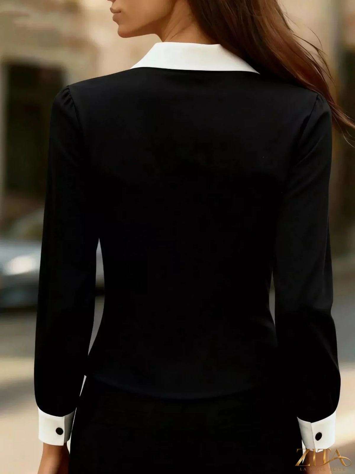 Zita La Belle Elite contrast button-down shirt with black and white pattern, long sleeves, and classic collar.