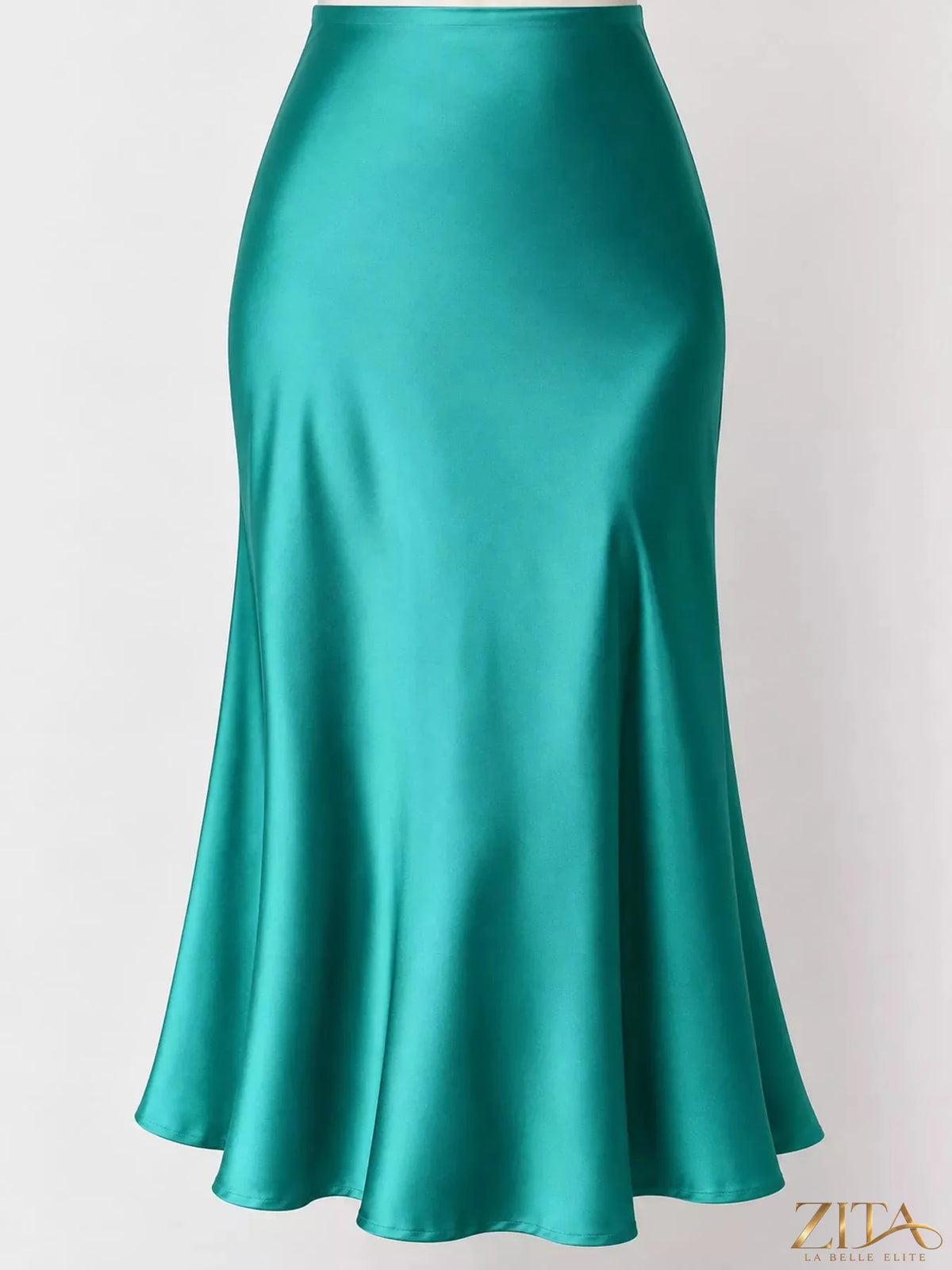 High-waisted satin midi skirt by Trendsi featuring a smooth, shiny fabric and a flowing silhouette.
