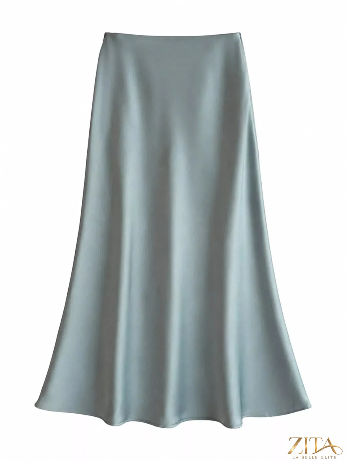 Full size high-waisted satin midi skirt in plus size, featuring a smooth, shiny fabric and elegant length for stylish wear.