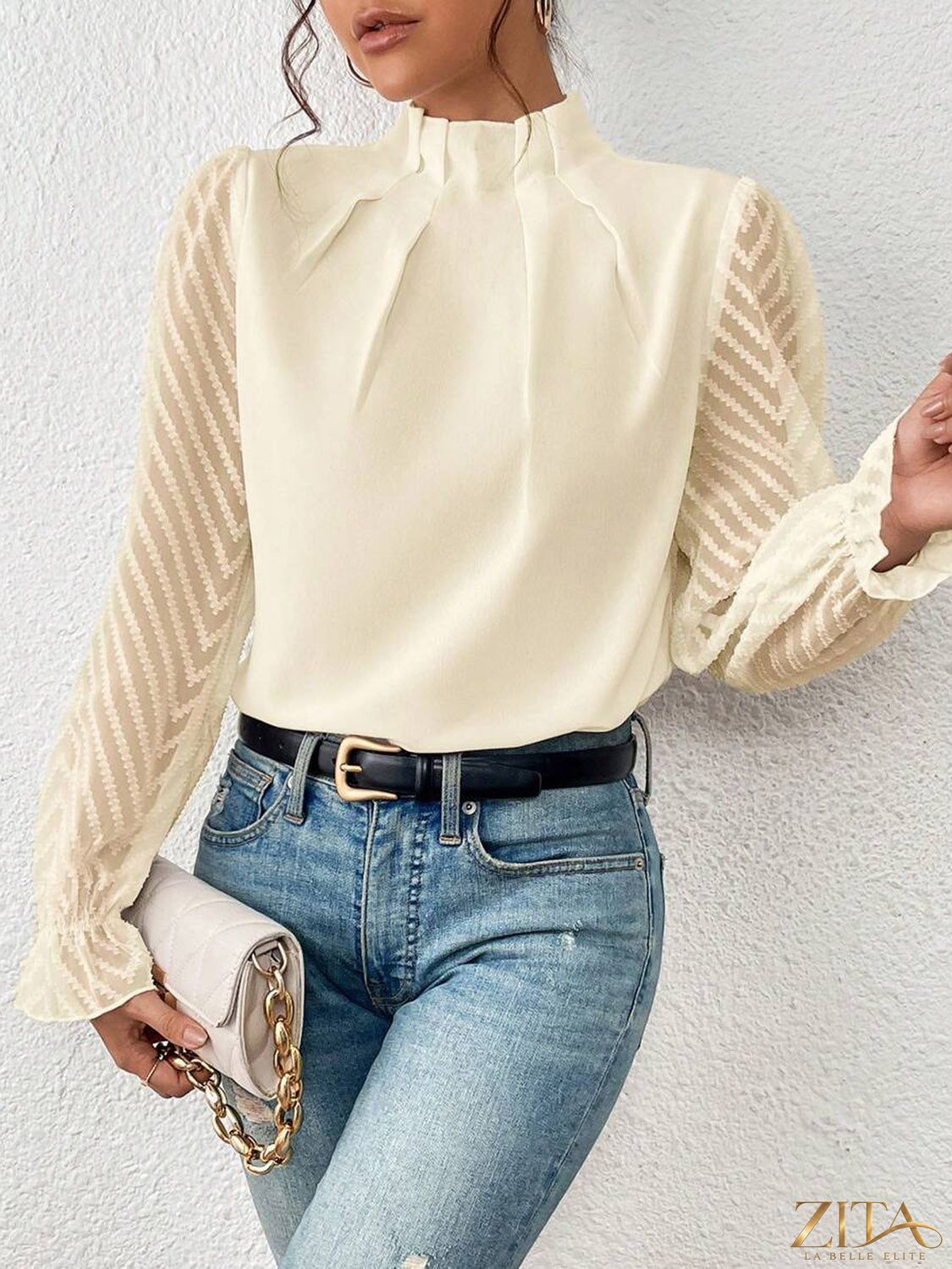 Zita La Belle Elite mock neck blouse with flounce sleeves, featuring elegant design and soft fabric in a stylish, feminine look.