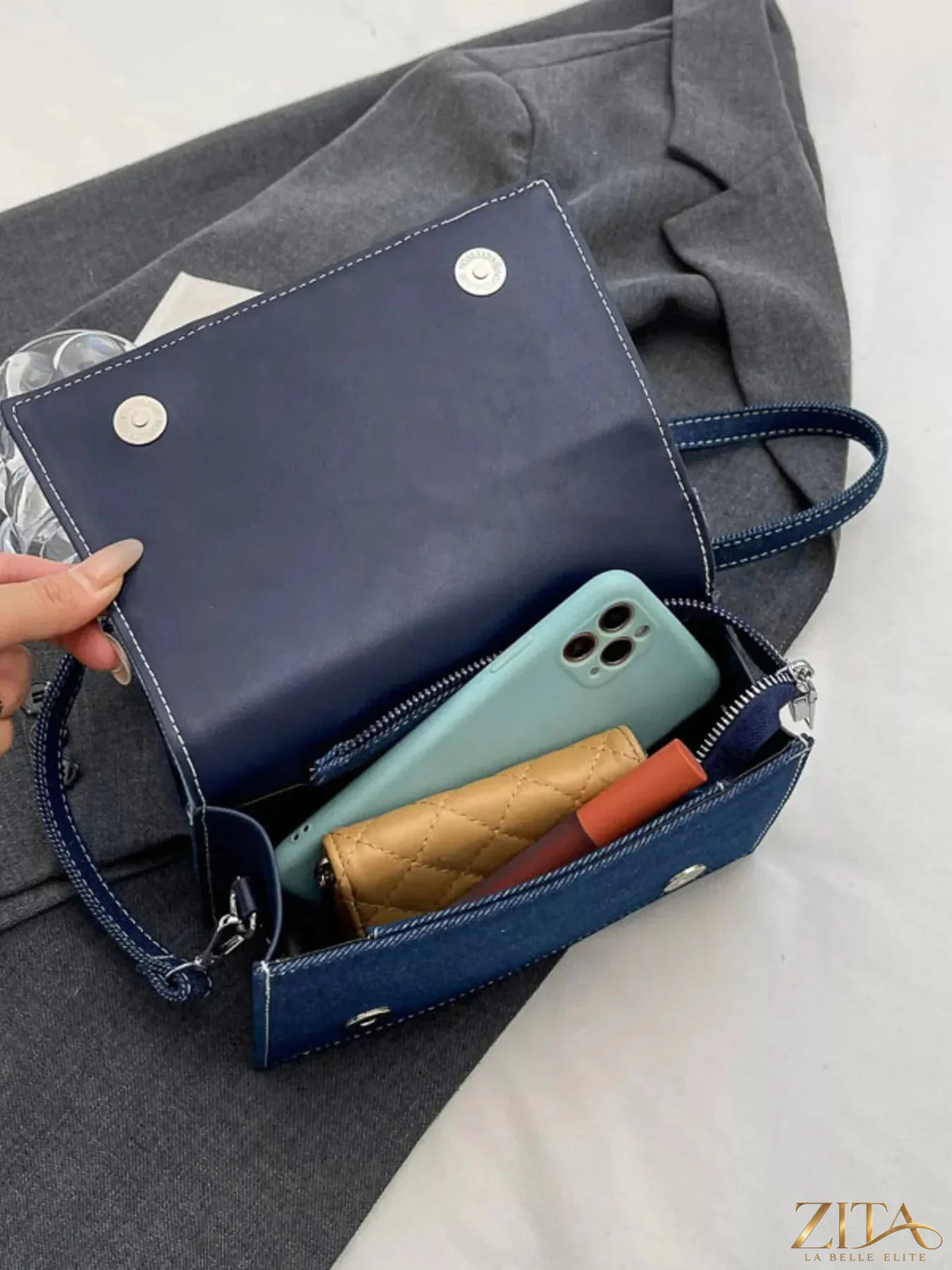 Zita La Belle Elite denim patchwork crossbody bag with colorful stitched details and adjustable strap, casual and stylish accessory.