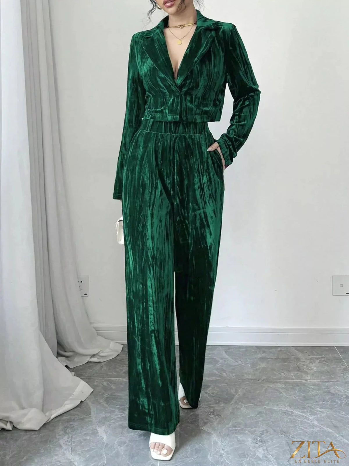Zita La Belle Elite pleated velvet blazer and wide-leg pants set, featuring a stylish tailored fit and luxurious fabric.