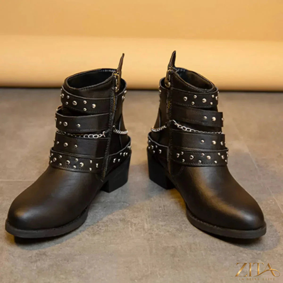 Zita La Belle Elite studded buckle ankle boots with leather finish and decorative metal studs, stylish and trendy footwear.
