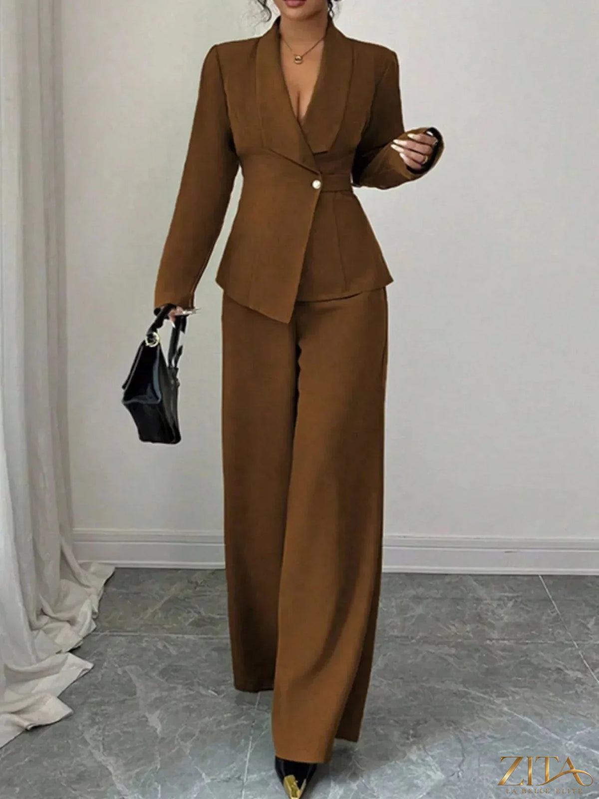 Zita La Belle Elite one-button blazer and matching pants set, tailored fit, in classic neutral fabric, stylish formal wear for women.