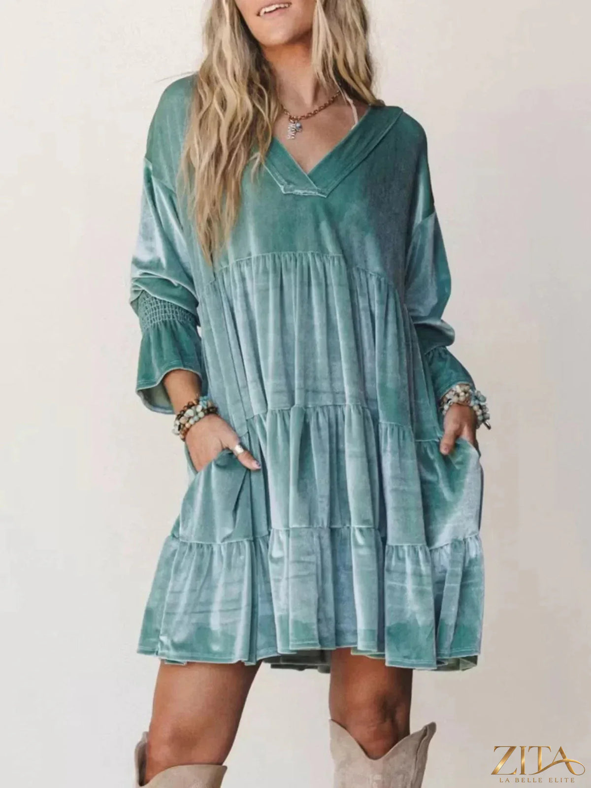 Velvet tiered mini dress with balloon sleeves by Zita La Belle Elite, featuring a stylish layered design and soft fabric.