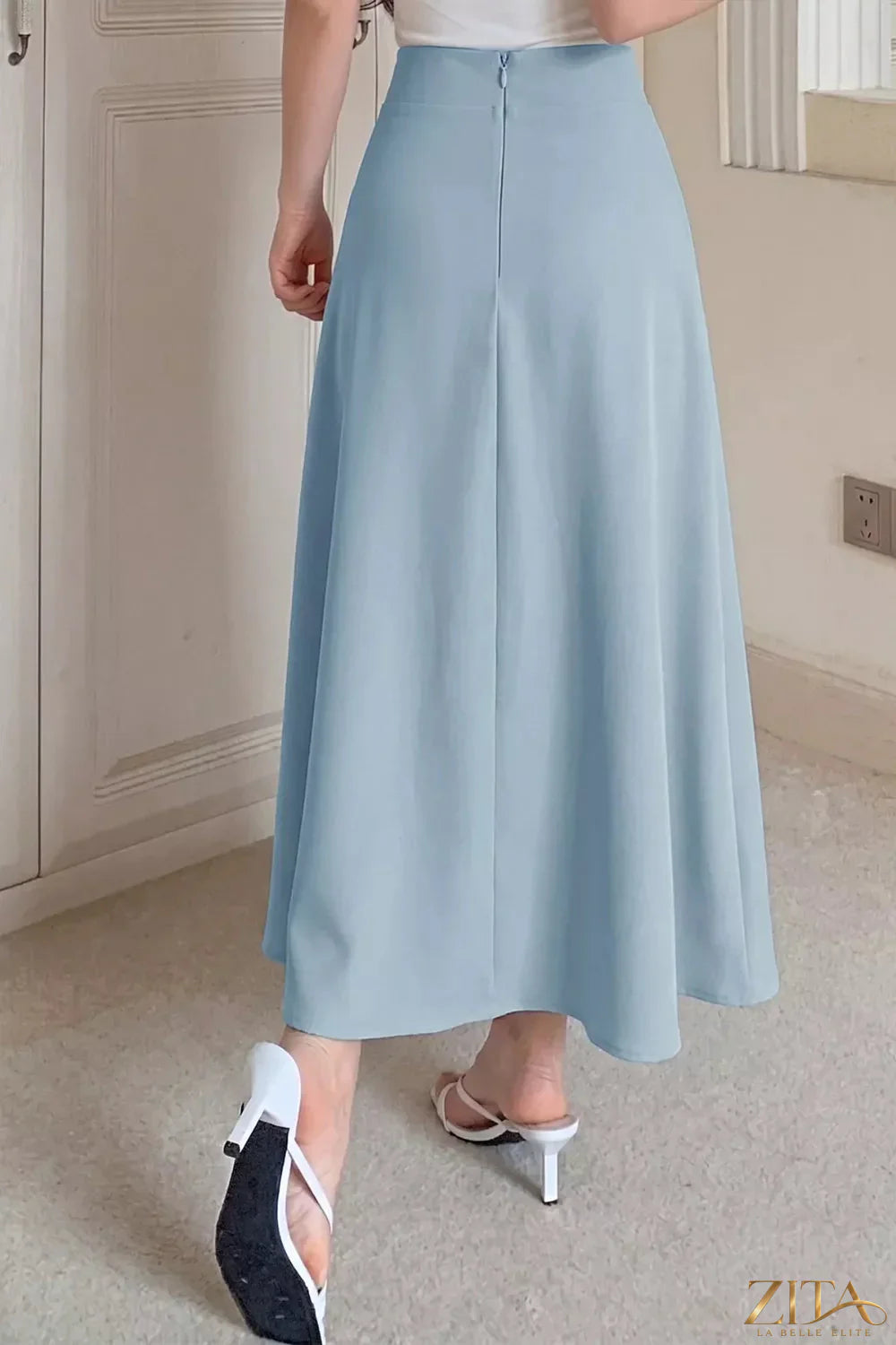Zita La Belle Elite A-line midi skirt with front zipper, lightweight fabric, and a fitted waist for a chic, elegant look.