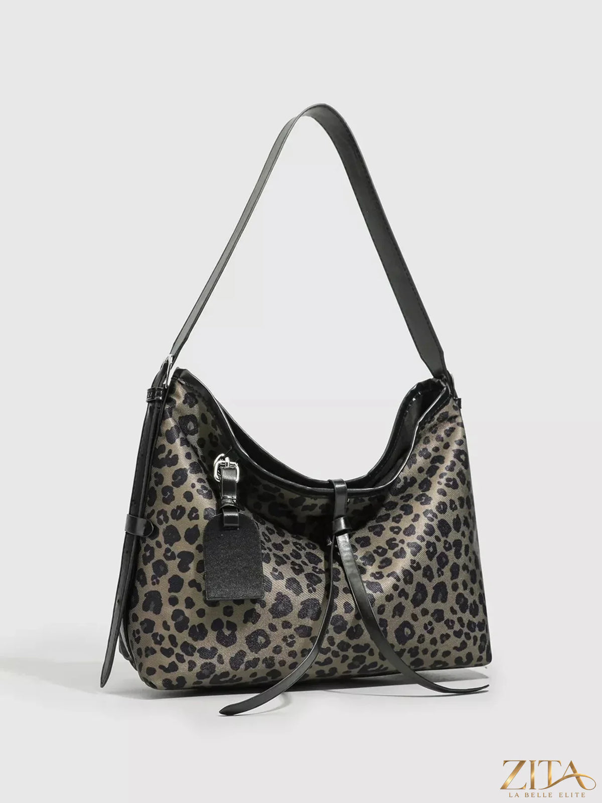 Zita La Belle Elite leopard hobo shoulder bag with adjustable strap and soft fabric, stylish accessory for casual or evening wear.