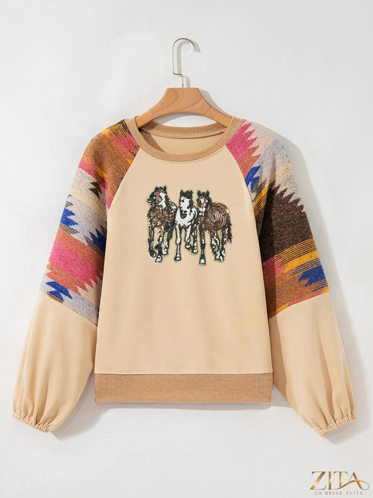 Zita La Belle Elite sequined Western horses bubble sleeve sweatshirt with sparkling embellishments and a relaxed fit.